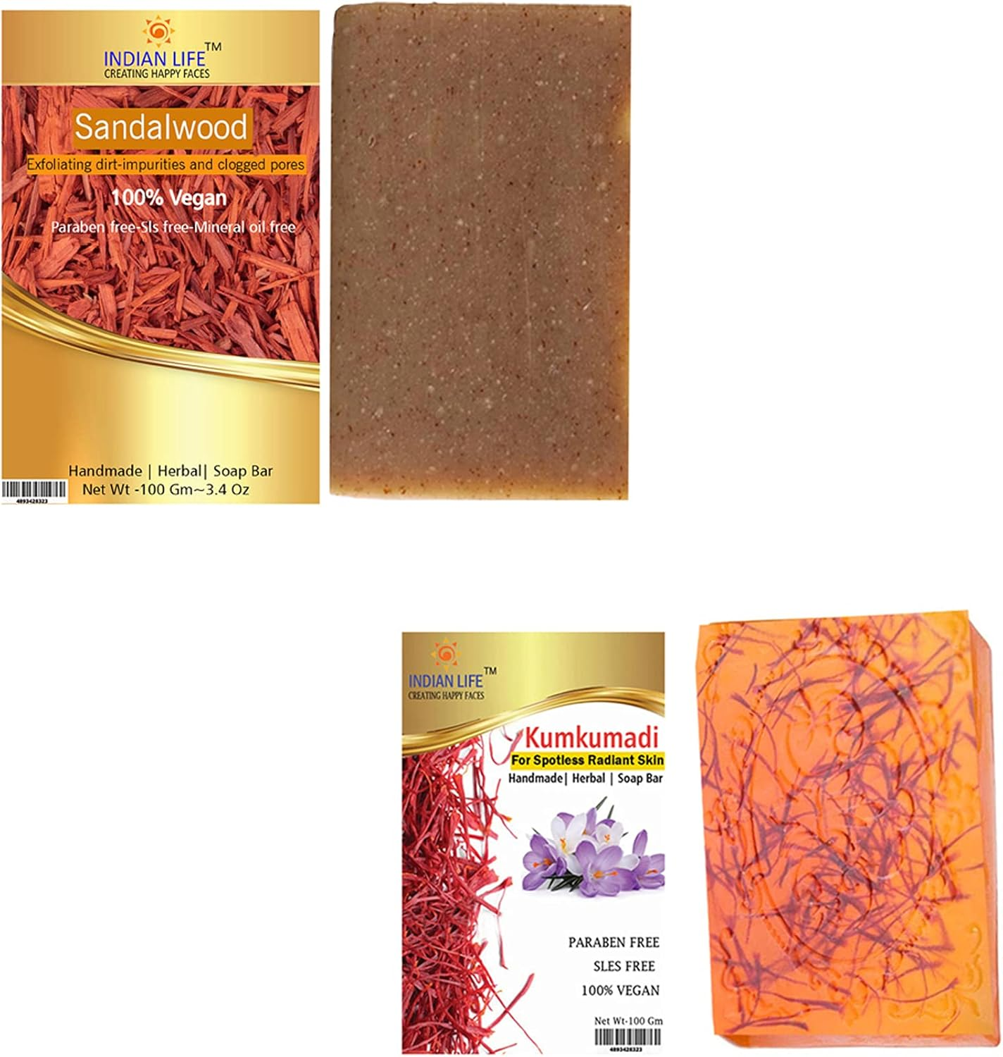 Indianlife Sandalwood|Kumkumadi| Authentic Handmade Soap Preparation for Wedding Ceremony| Pigmentation Removal|Acne Removal|Tan Remover|Skin Brightening| Paraben Free|(Pack of 2) image number 1