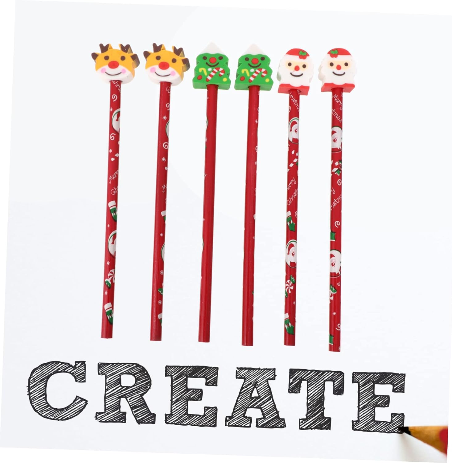 6Pcs Christmas Series Stationery Pencils Eraser Cartoon Christmas Pencil for Boys and Girls and Boy Girl'S Learning Supplies Random Style image number 4