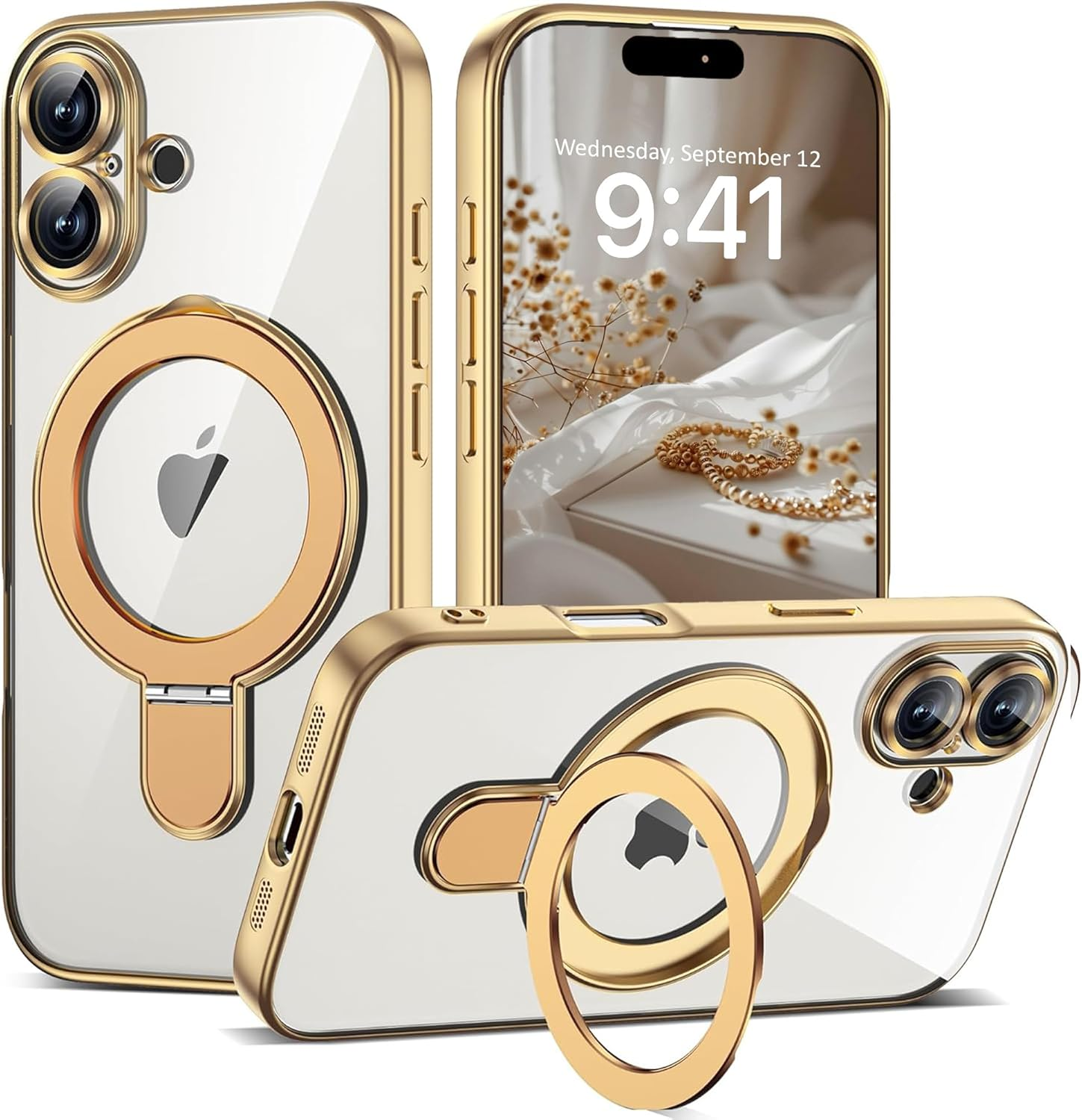 For Iphone 16 Pro Max Case, Phone Case Iphone 16 Pro Max with Invisible Magnetic Ring Stand [Compatible with Magsafe] [Full Camera Protection] Plating Clear Back Phone Case Covers, Silver