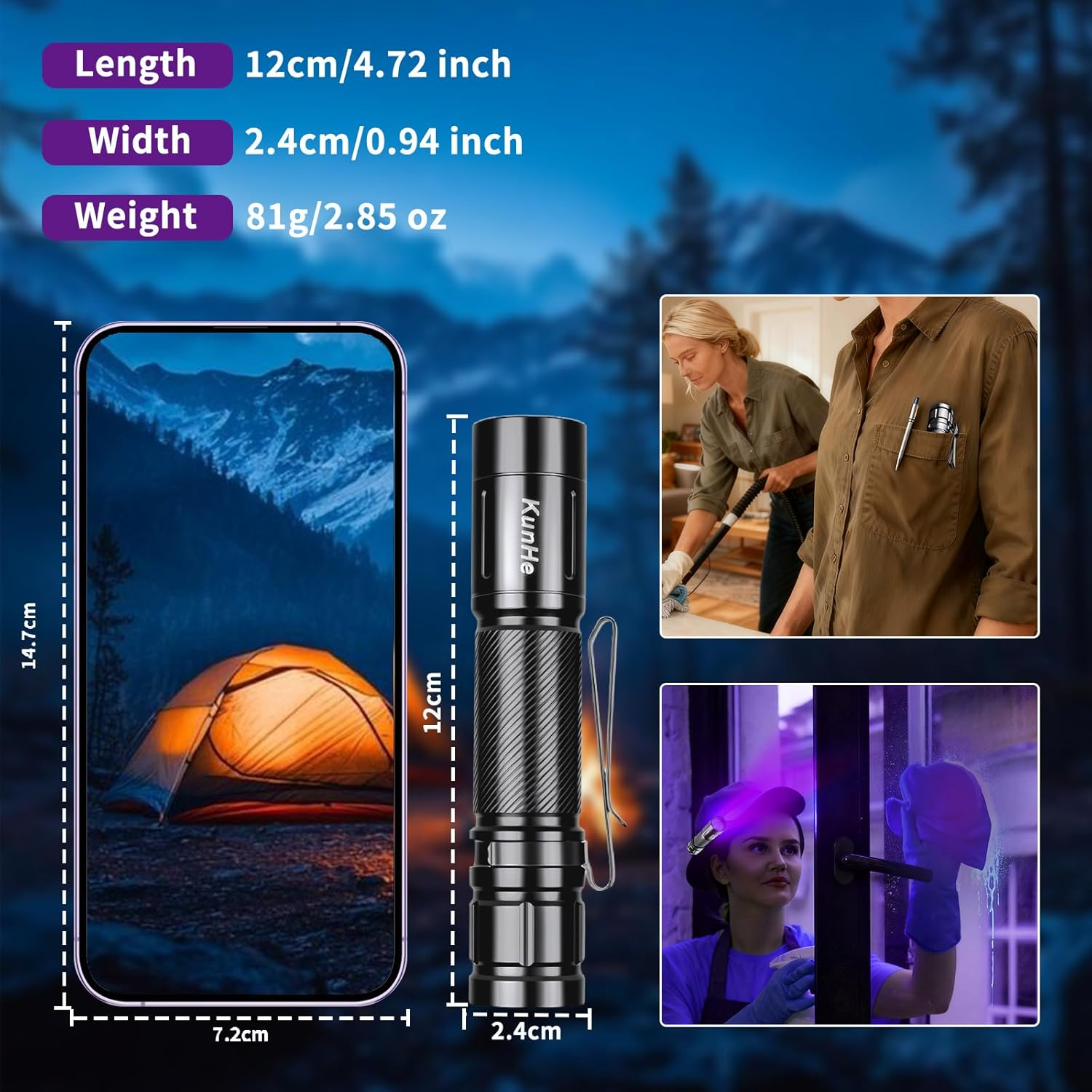 Kunhe 5 Pack Rechargeable UV LED Flashlight Featuring 395Nm Wavelength 3W Power Aluminum Alloy Construction IPX4 Water Resistance Detachable Double-Sided Clip and Compact Design image number 6