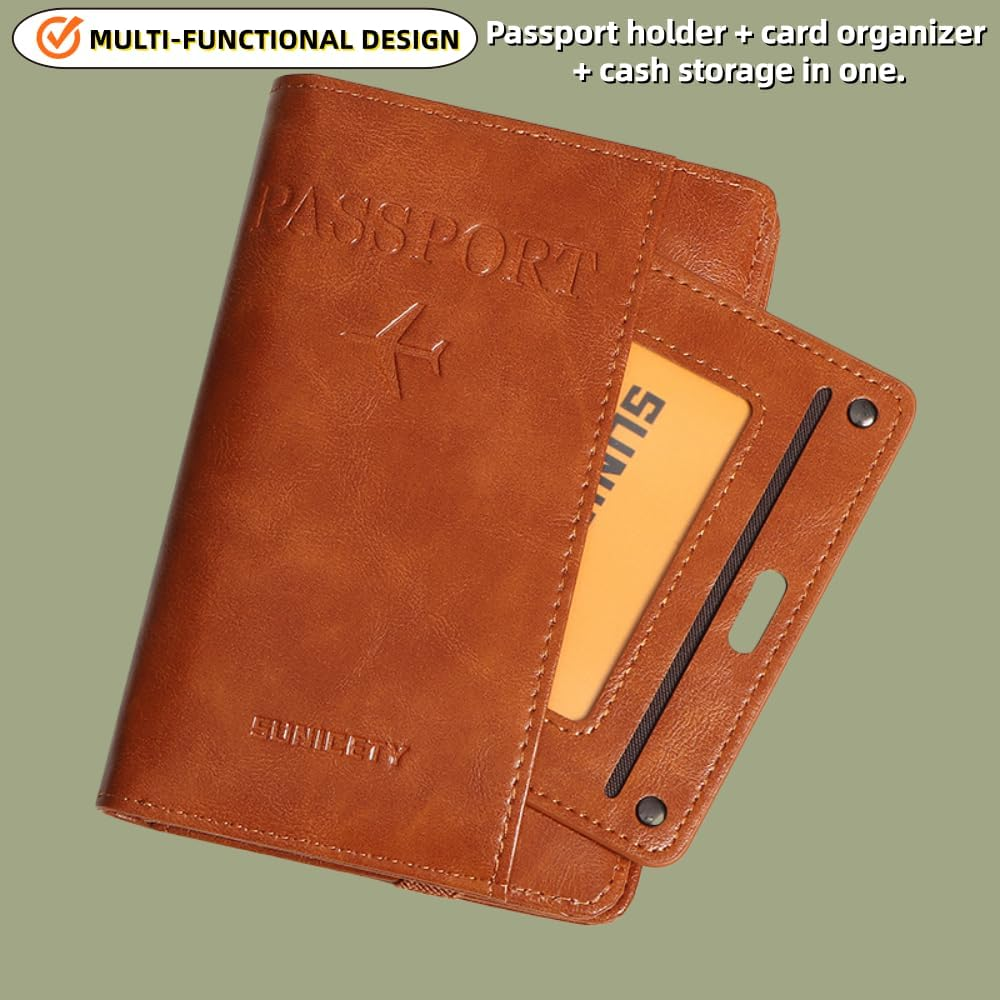 Y7-Y RFID Blocking Passport Holder Travel Wallet Multi-Functional Passport Cover with Removable Card Organizer, Anti-Theft Document Case for Travel. (Brown)