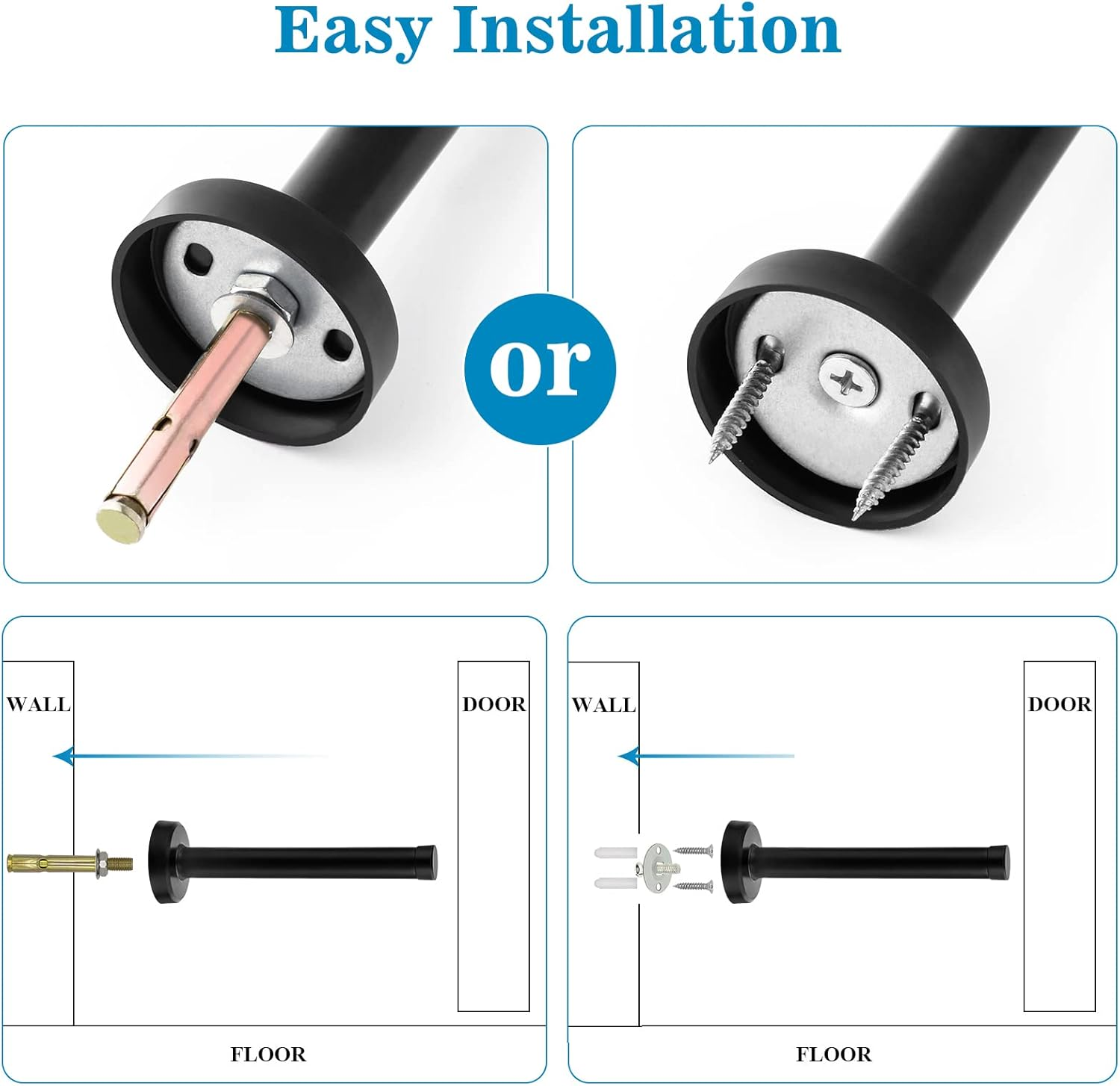 Door Stops, 150Mm/6Inch Long Door Stopper Black Door Stops Wall Mounted Tall Modern Door Stop Heavy Duty Stainless Steel Doorstop with Sound Dampening Rubber Tip Door Stoppers for Skirtings, 1Pack image number 3