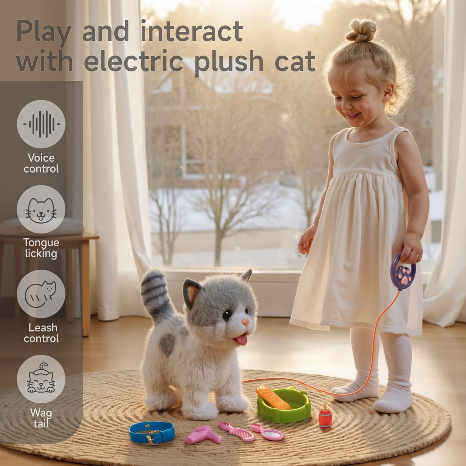 OR or TU Walking Toy Cat with Remote Control Leash, Plush Cat Electronic Interactive Toys for Kids, Shake Tail, Licking, Pretend Dress up Realistic Stuffed Animal Cat Age 3 4 5 6+ Years Old Best Gift image number 3