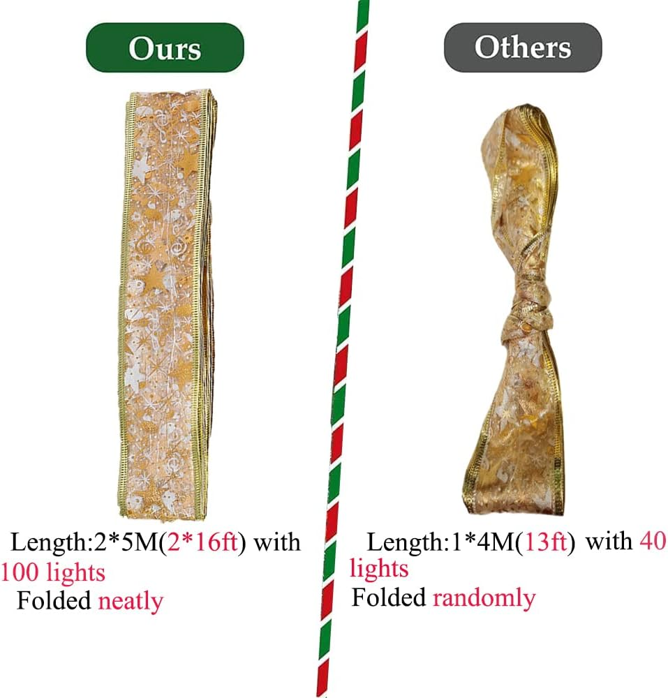 GIHOO Christmas Tree Decorations String Lights 32Ft 100 LED Lights Copper Wire Ribbon Bows Lights for Party Weddings Holiday Christmas Tree Decorations (Gold Warm Light Battery Powered) (Golden) image number 5