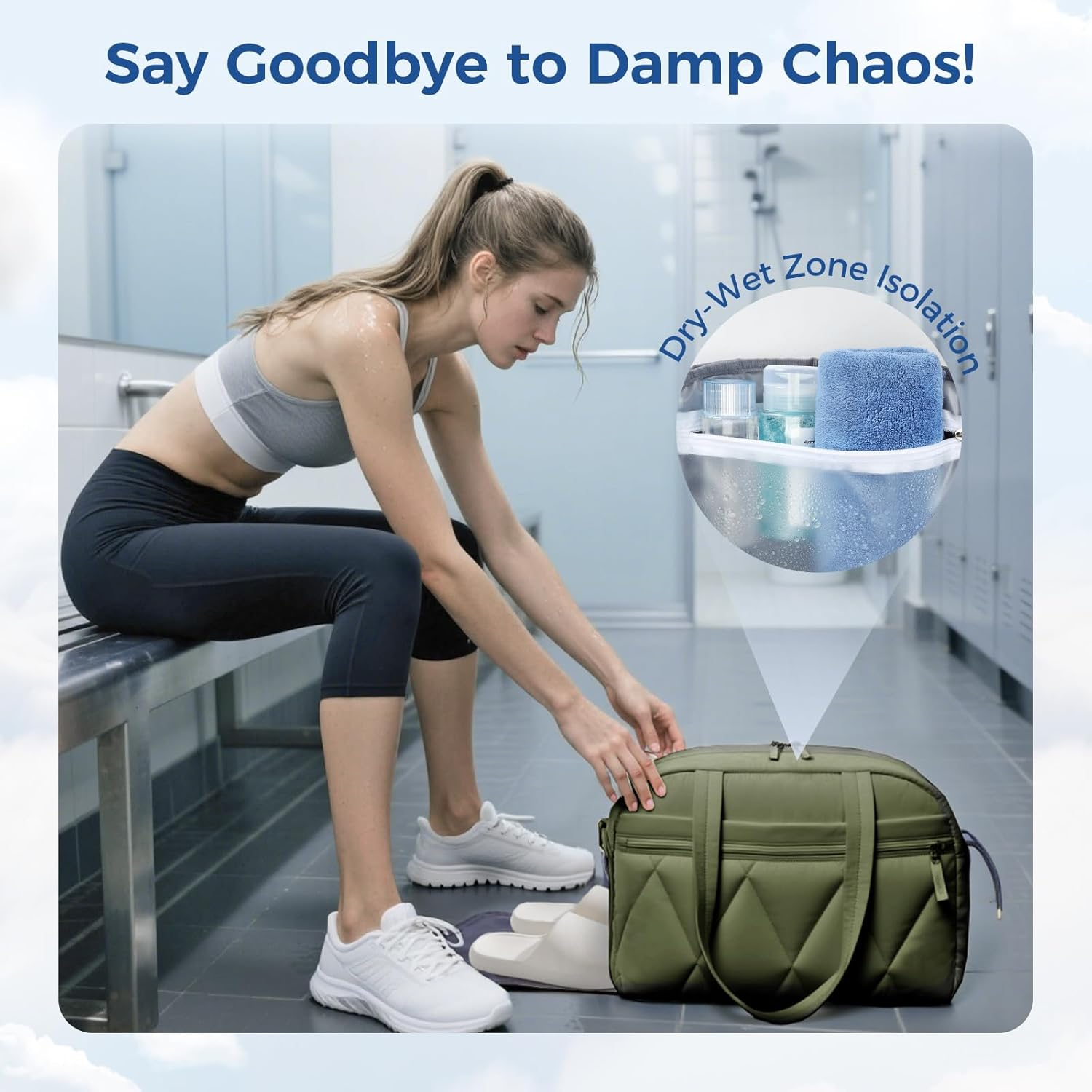 Lekespring Gym Bag for Women, Puffer Travel Duffle Bag with Shoes Compartment & Wet Pocket, Carry on Tote Bag for Weekender, Overnight, Sport, Green, Medium, Lightweight image number 6