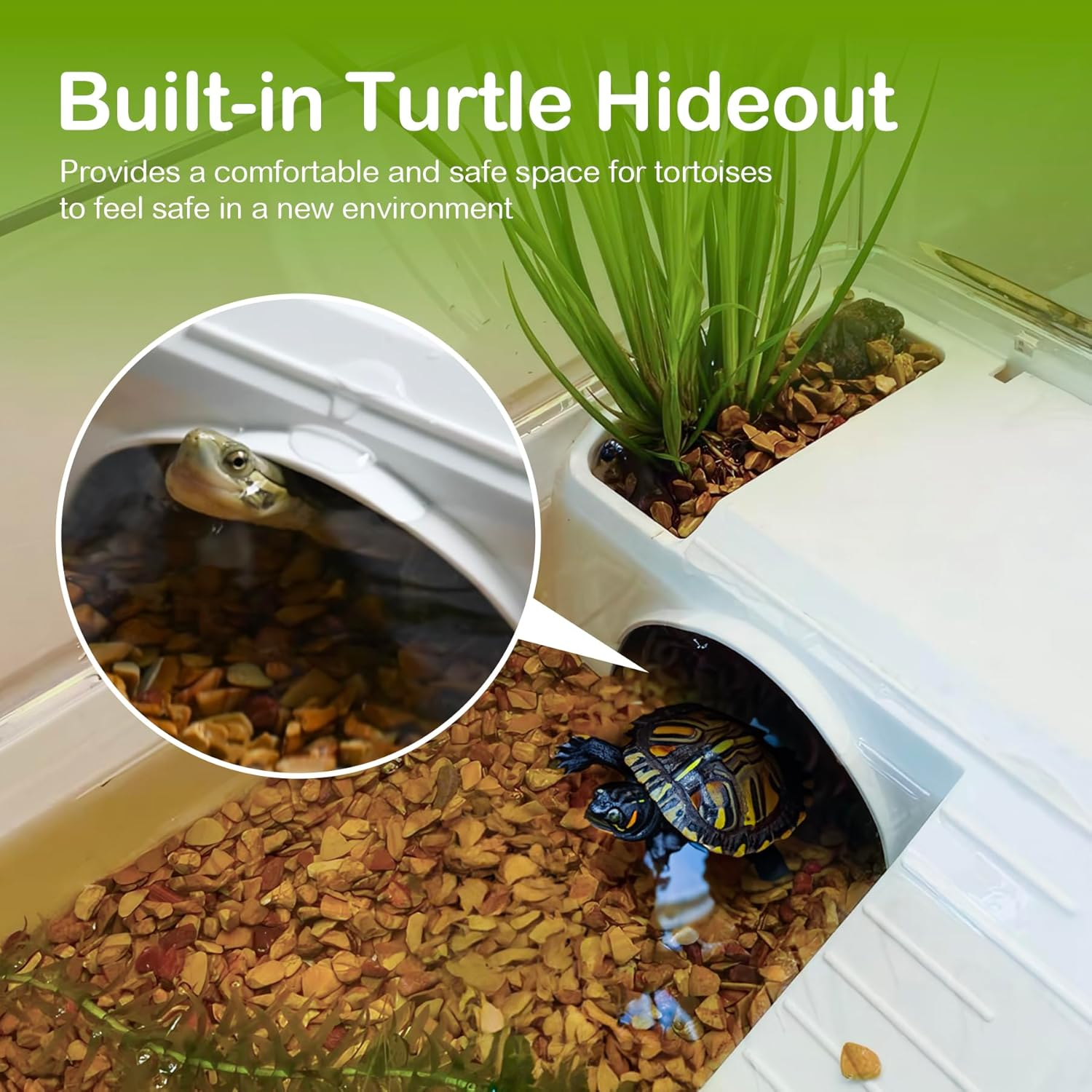 Turtle Tank Habitat Kit, Clioran Aquatic Tortoise Enclosure Starter Aquarium with Multi-Function Area, Hideout, UV Basking Platform Light, Water Filter, Fish Net,Drainage,Plant for Turtle Reptile Crab image number 5