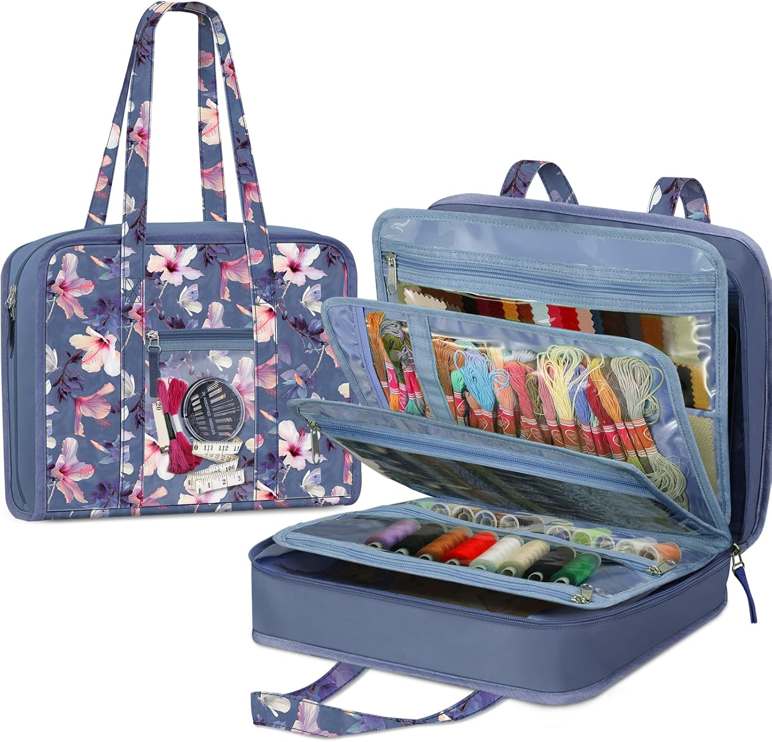 FINPAC Sewing and Craft Supplies Storage Tote, Large Capacity Travel Packing Organizer Bag with Clear Pockets and Handle for Knitting, Crochet, Art, Sewing Accessories