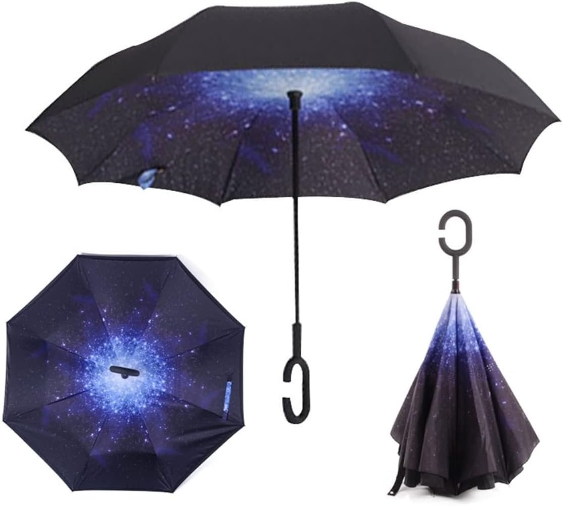 Costume Bay Double Layer Reversible Golf Umbrella | Inverted Blunt Umbrella for Men and Women |UV Protection Umbrella Windproof with C-Shaped Handle - Rain Umbrellas Outdoor - Black image number 7