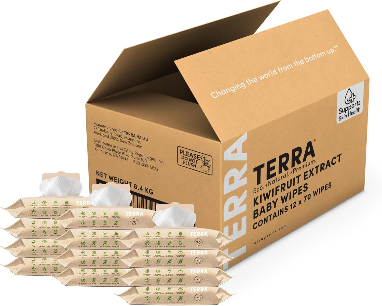 Terra Bamboo Baby Wipes: Kiwifruit Extract, 99.5% Pure New Zealand Water, 100% Biodegradable Bamboo Fiber, 0% Plastic, Unscented Baby Wipes for Sensitive Skin, 12 Pack of 70 Wipes image number 2