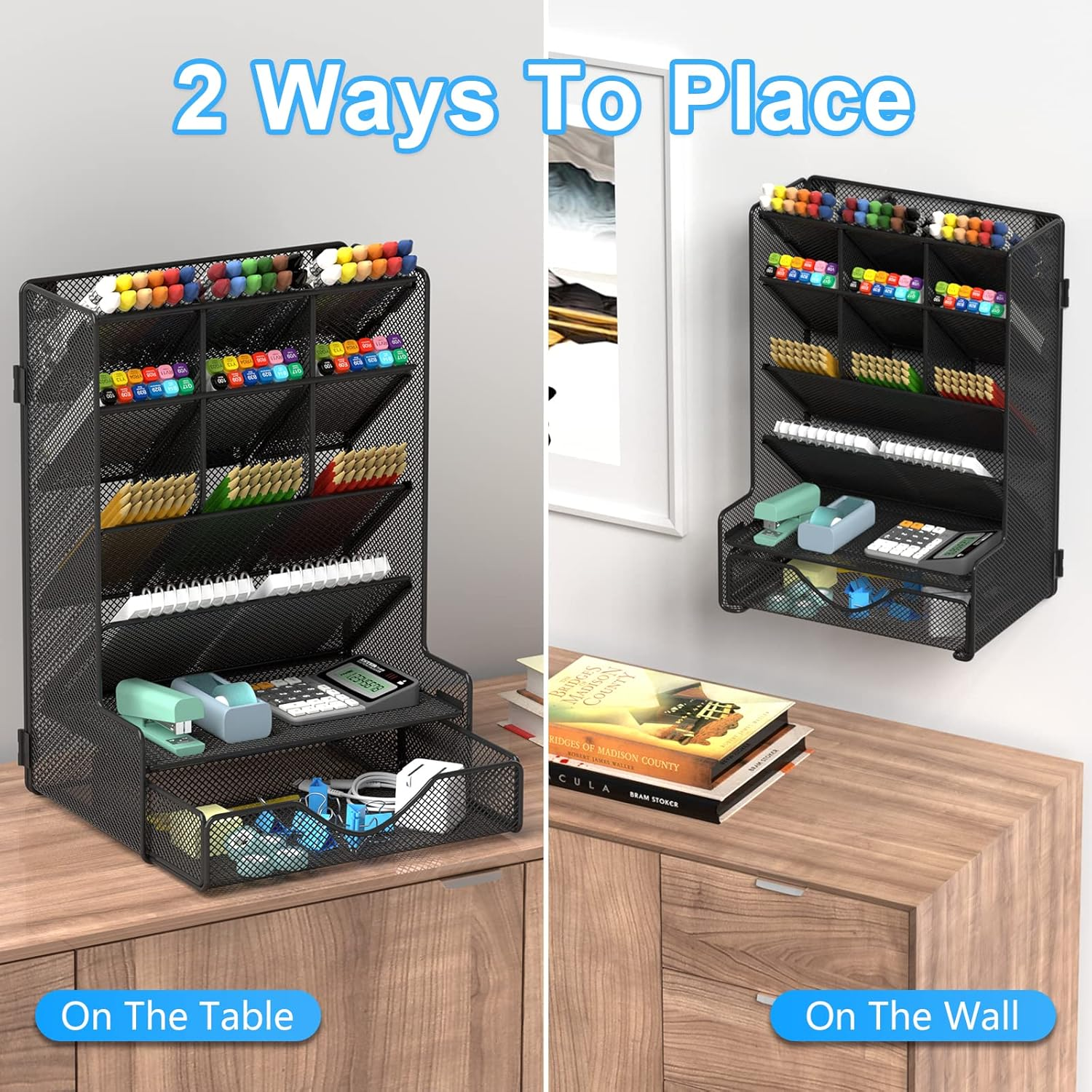 Pen Organizer for Desk, Multi-Functional Desk Organizer, Wall Mount Pen Holder with Drawer for School, Office, Home, Art Supplies, Black image number 5