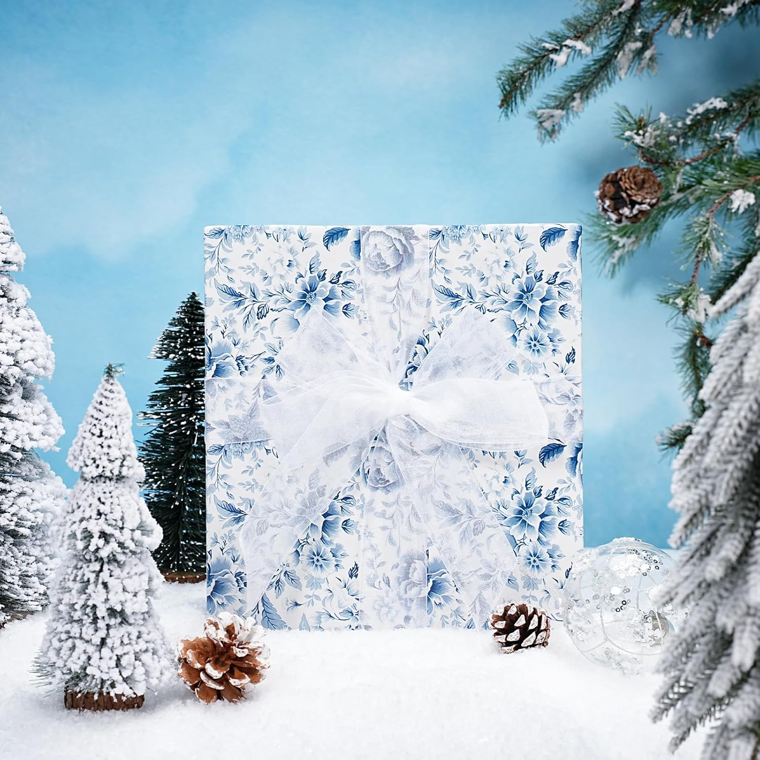 WRAPLA Floral Wrapping Paper Roll - 43Cmx10M Blue White Flowers Design Chinoiserie Gift Wrap Stone Paper for Wedding, Bridal Shower, Mothers Day(17In X 33Ft) - Pink Watercolor Rose image number 6