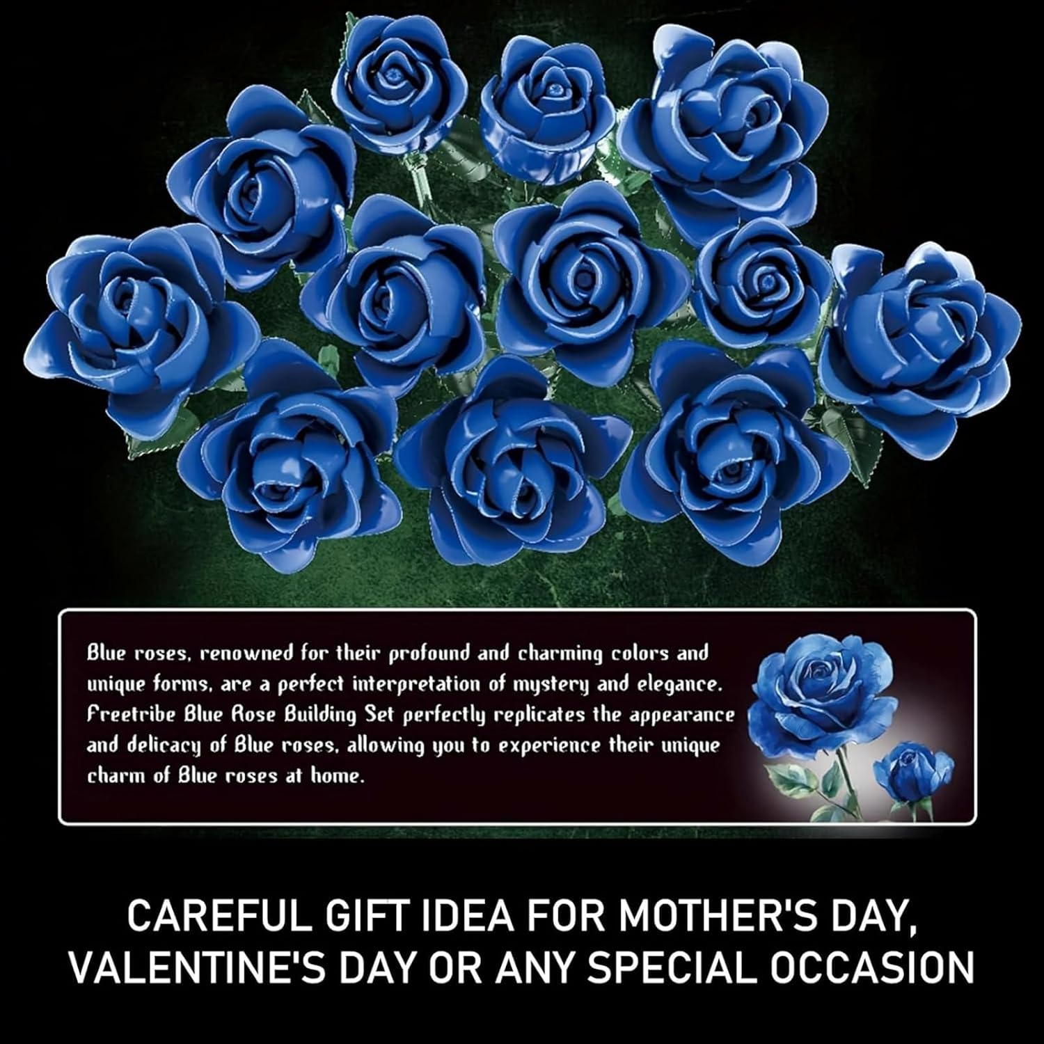 Blue Roses Bouquet Building Set for Adults, Artificial Flower Indoor Plant for Table Display, Office or Home Decor, Gothic Botanical Collection Gifts for Mother'S Day, Valentines, Chrismas(585Pcs) image number 6