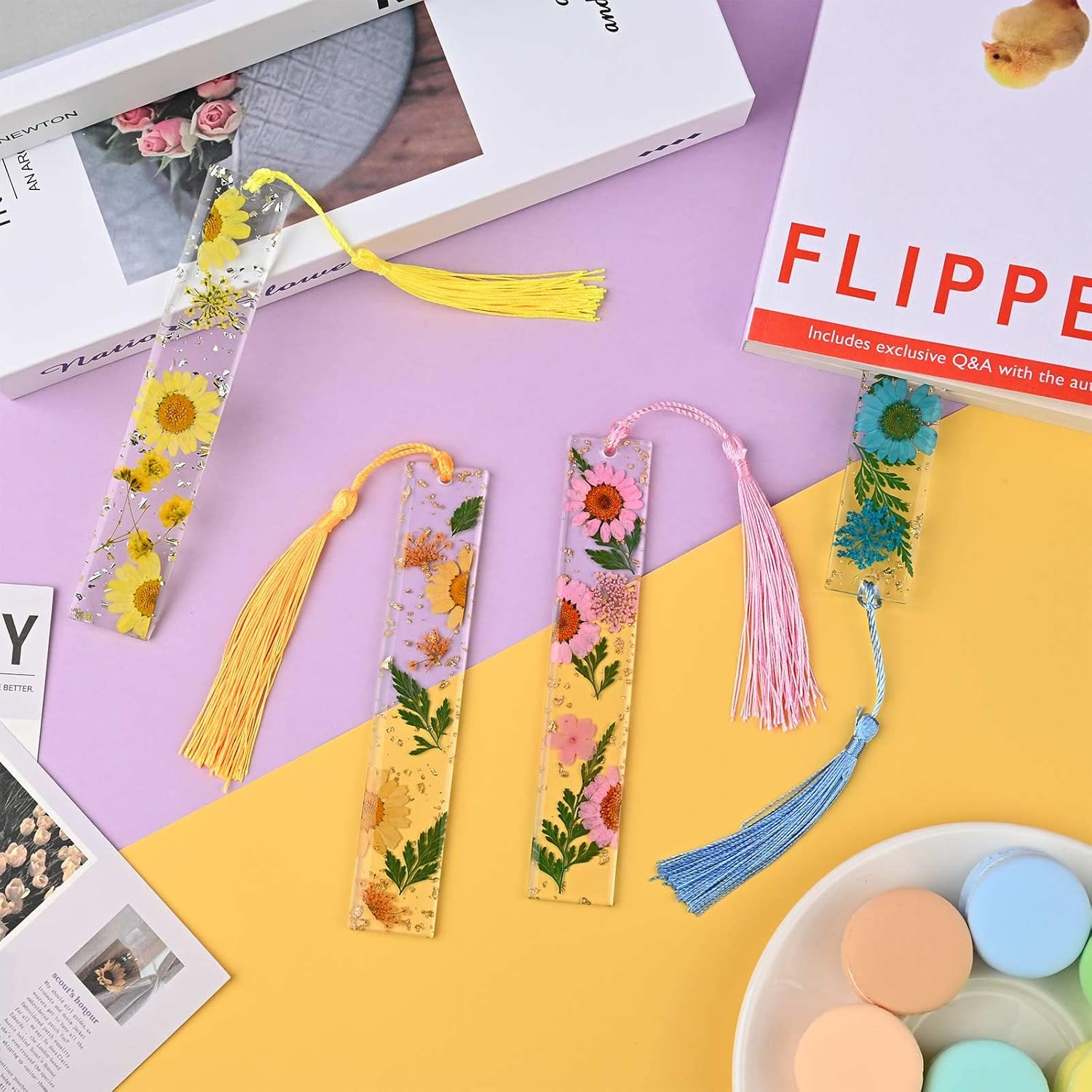 Kavoc 4 Pieces Flower Acrylic Bookmarks Book Page Holder Floral Bookmarks with Colorful Tassels Thumb Ring Page Holder Transparent Page Holders for Reading Students Teachers (Blue/Orange/Pink/Yellow)
