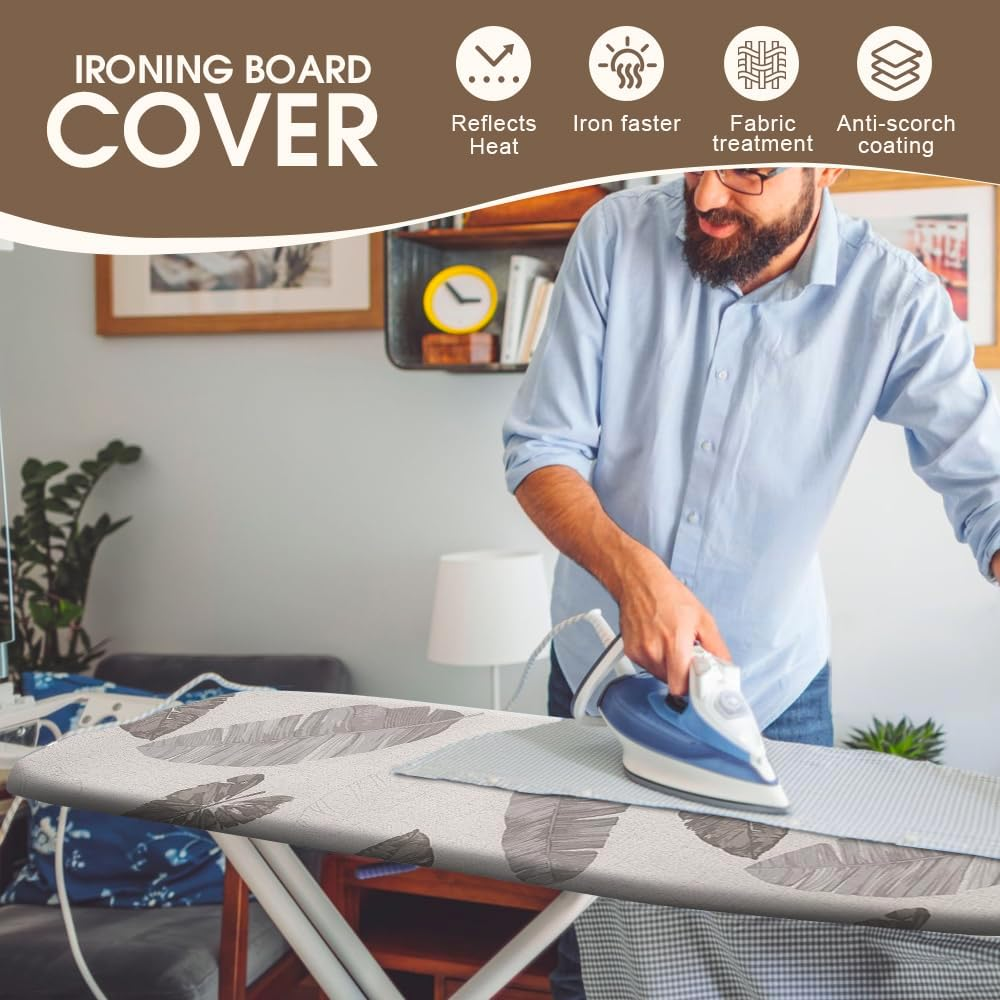 Sonicefit Ironing Board Cover Pad, 56X135Cm Standard Ironing Board Pads with Elastic Edge & Fastener Strape, Scorch & Stain Resistant Cotton Ironing Covers with Thick Padding (Grey Leaves, 56X135Cm)