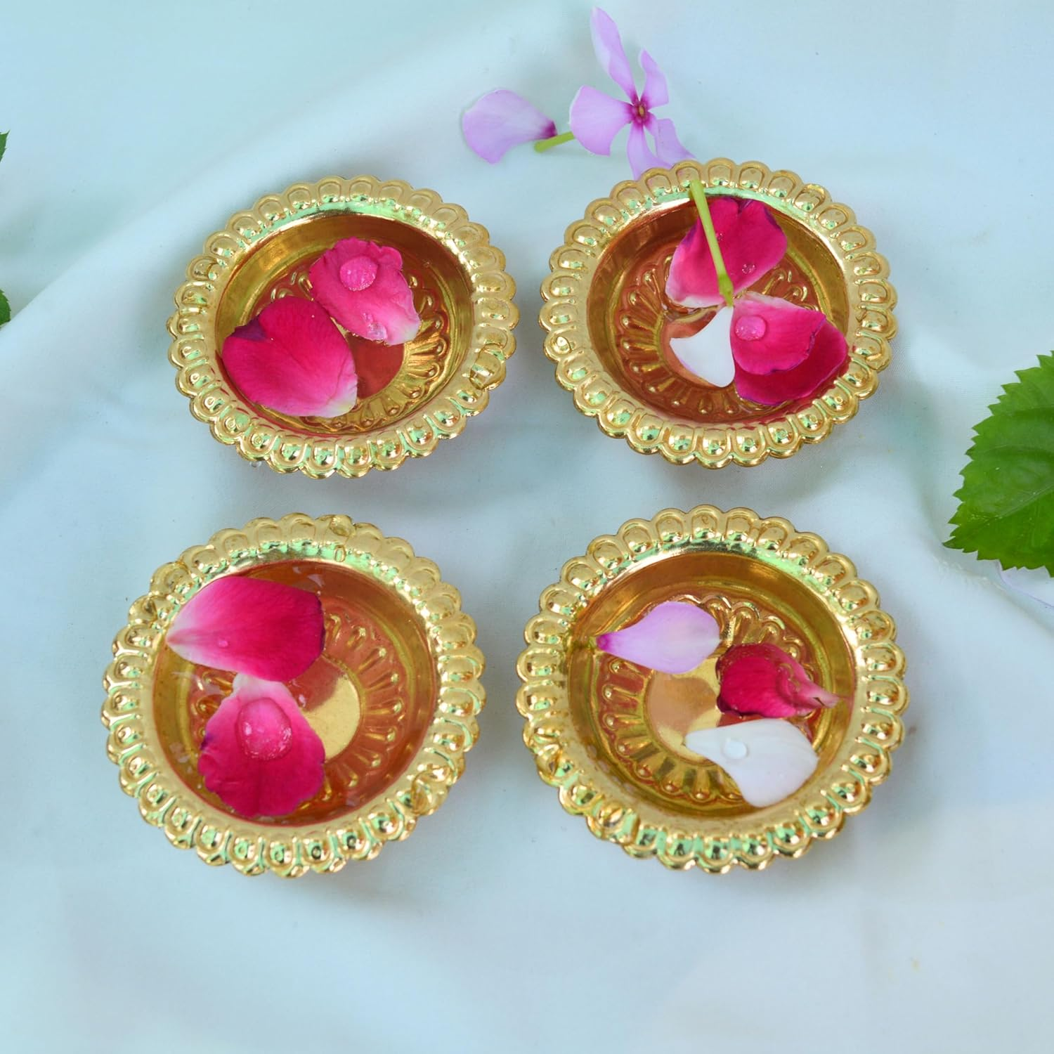 Handmade Gold Engraved Diya Traditional Indian Oil Lamp, Brass Diya for Pooja and Other Religious Rituals - Deepawali /Home Decor/Office and Temple/ Festive Gift (Pack of 4) image number 6