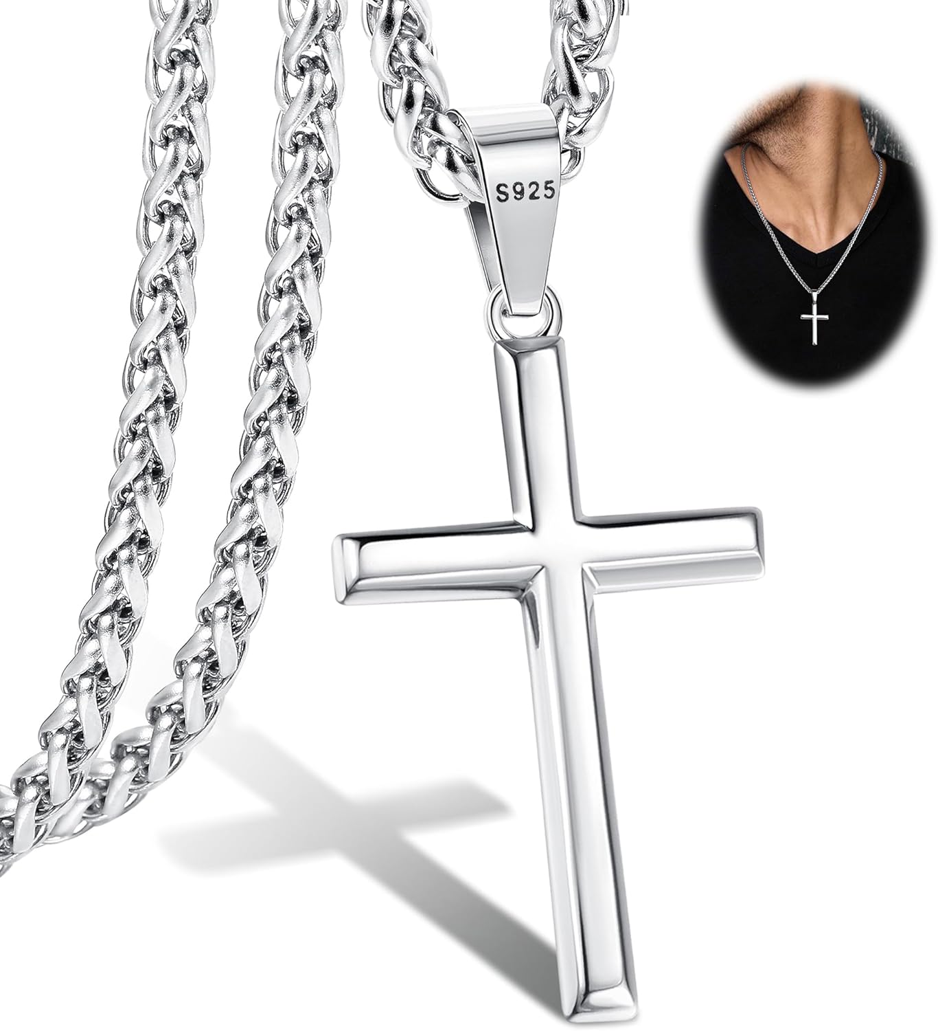Kakonia 925 Sterling Silver Cross Necklace for Men Women 3Mm Stainless Steel Wheat Cross Chain Crucifix Pendant Silver Cross Chain Necklace Jewelry 16-30 Inches image number 2