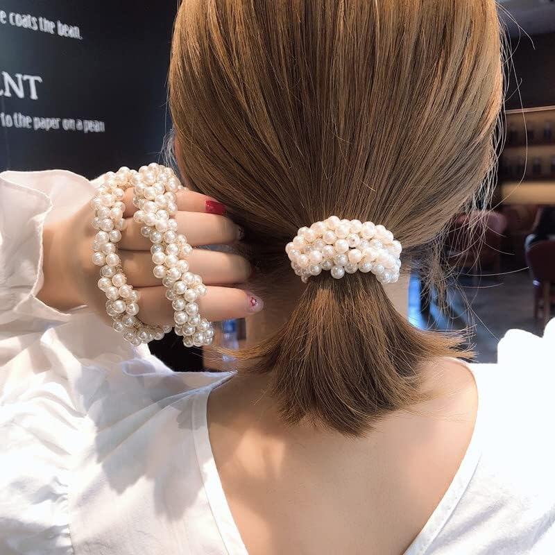 Pearl Hair Ties for Girls Women Elastic Pearl Scrunchie Non Slip Pearls Ponytail Holders for Thick Thin Hair Pearl Hair Accessories for Women Hair Tie Pearl Hair Band 3Pcs