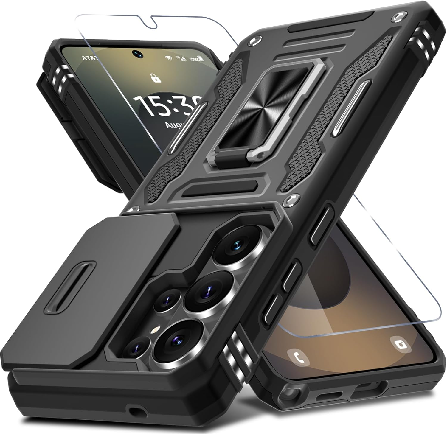 DEERLAMN Case for Samsung Galaxy S23 FE 6.4-Inch with Slide Camera Cover+Screen Protector(1 Pack),Rotated Ring Kickstand Military Grade Shockproof Protective Cover-Navy Blue