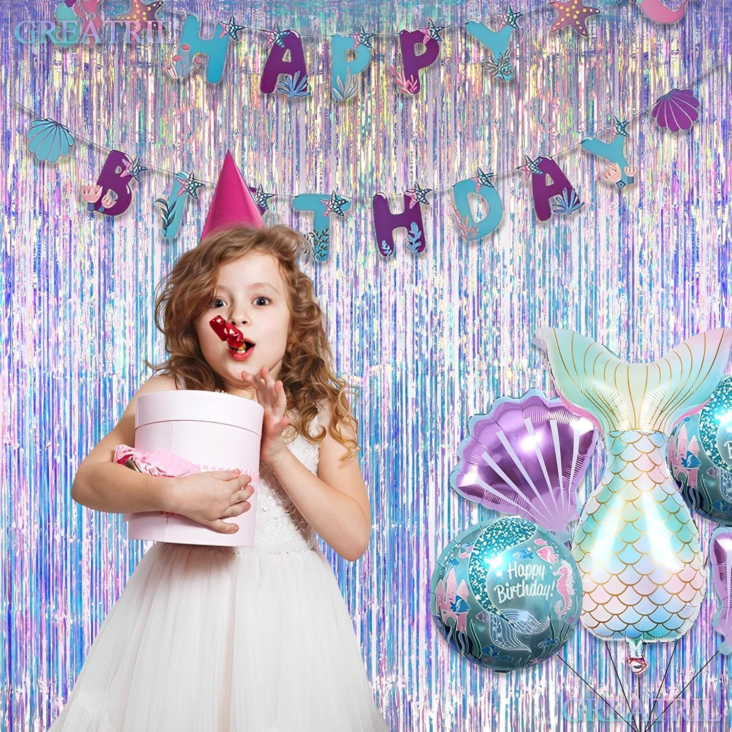 2 Pack Iridescent Party Streamers Backdrop Decorations- Neon Transparent Holographic Tinsel Foil Fringe Curtain for Mermaid/Frozen/Sea/Euphoria/Eras Party Theme Decorations 3.2Ft X 6.5Ft 2 PCS image number 3