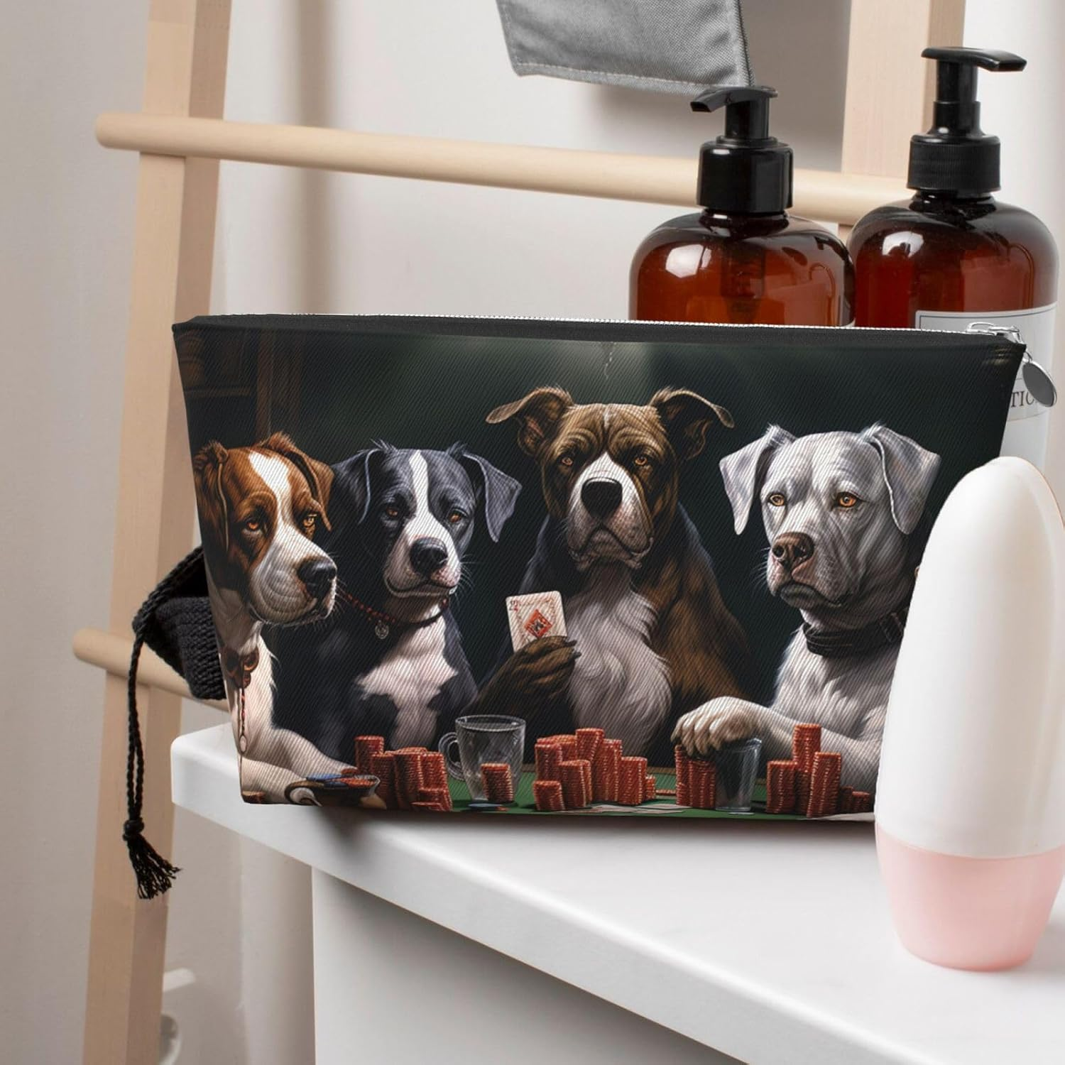 SDTYKHJ Large Capacity Makeup Bag for Women, Waterproof Portable Shaving Bag, Small Toiletry Bag, Poker Dogs, Leather Cosmetic Organizer Bags for Travel, Siliver, One Size image number 4