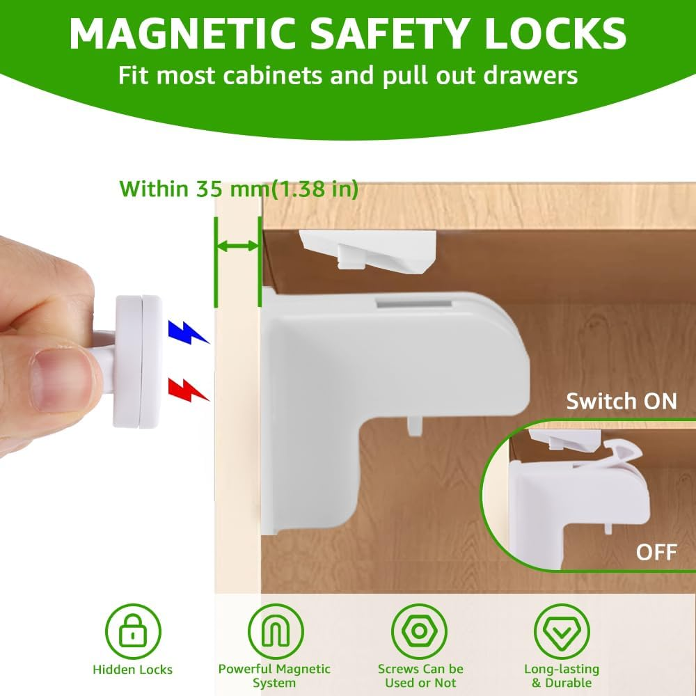 AUTOWT 12 Pack Magnetic Cabinet Locks for Kids - Child Safety Latches - Baby Proofing Cabinets and Drawer Locks for Kitchen Cupboard with 3M Adhesive - Easy Installation No Drilling & No Tools Required image number 2