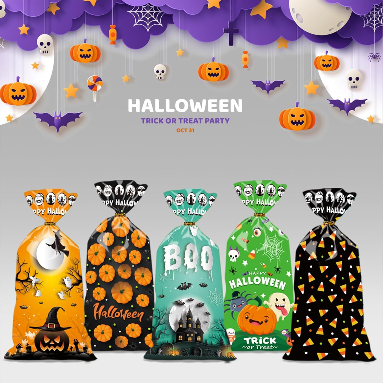 SYTHAK Halloween Treat Bags,100Pcs Bat Pumpkin Spider Witch Cellophane Plastic Bags,Trick or Treat Candy Goody Snacks Cookies Gift Bags Bulk with Twist Ties,For Holiday Halloween Party Favors Supplies image number 3