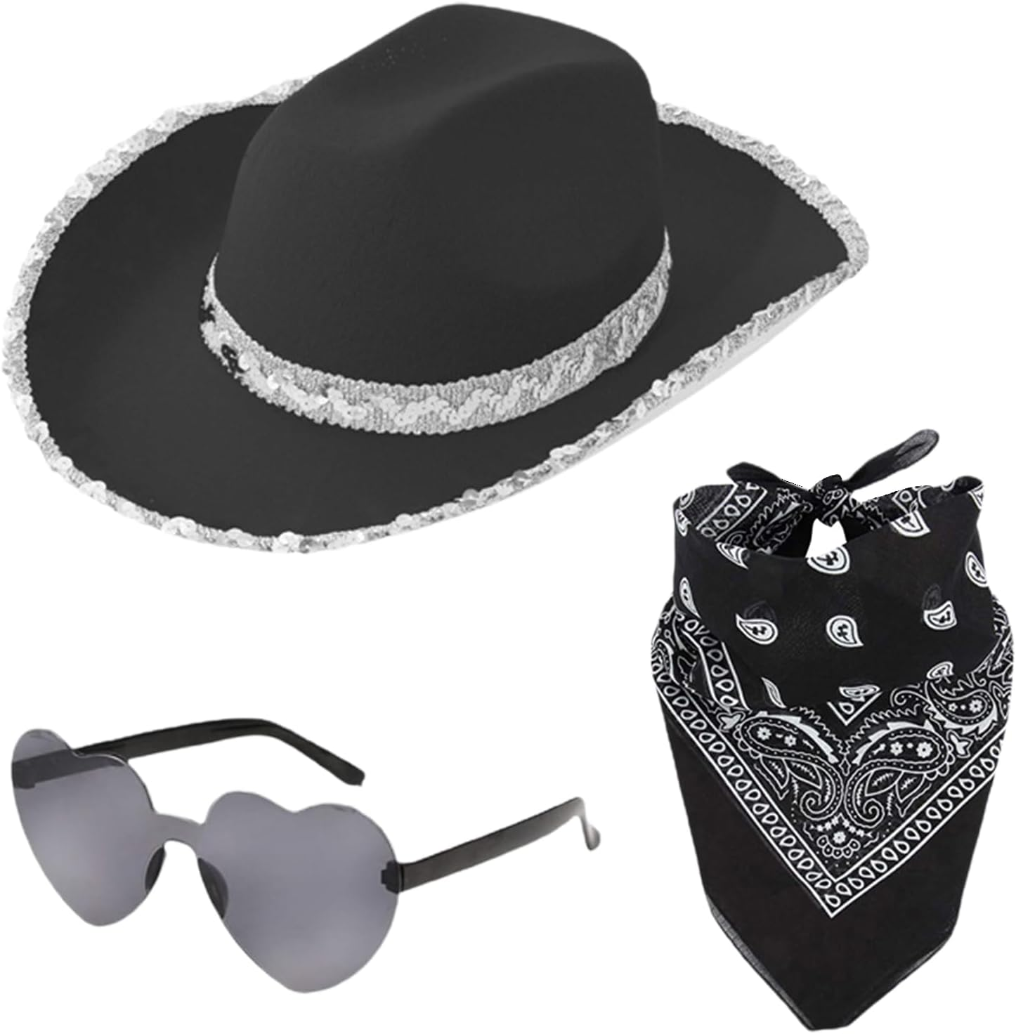 Cowgirl Hats Women - Bling Jazz Hat with Glasses Headscarf, Cowgirl Hats Pack, Costume Dress up Party Supplies for Festival Party