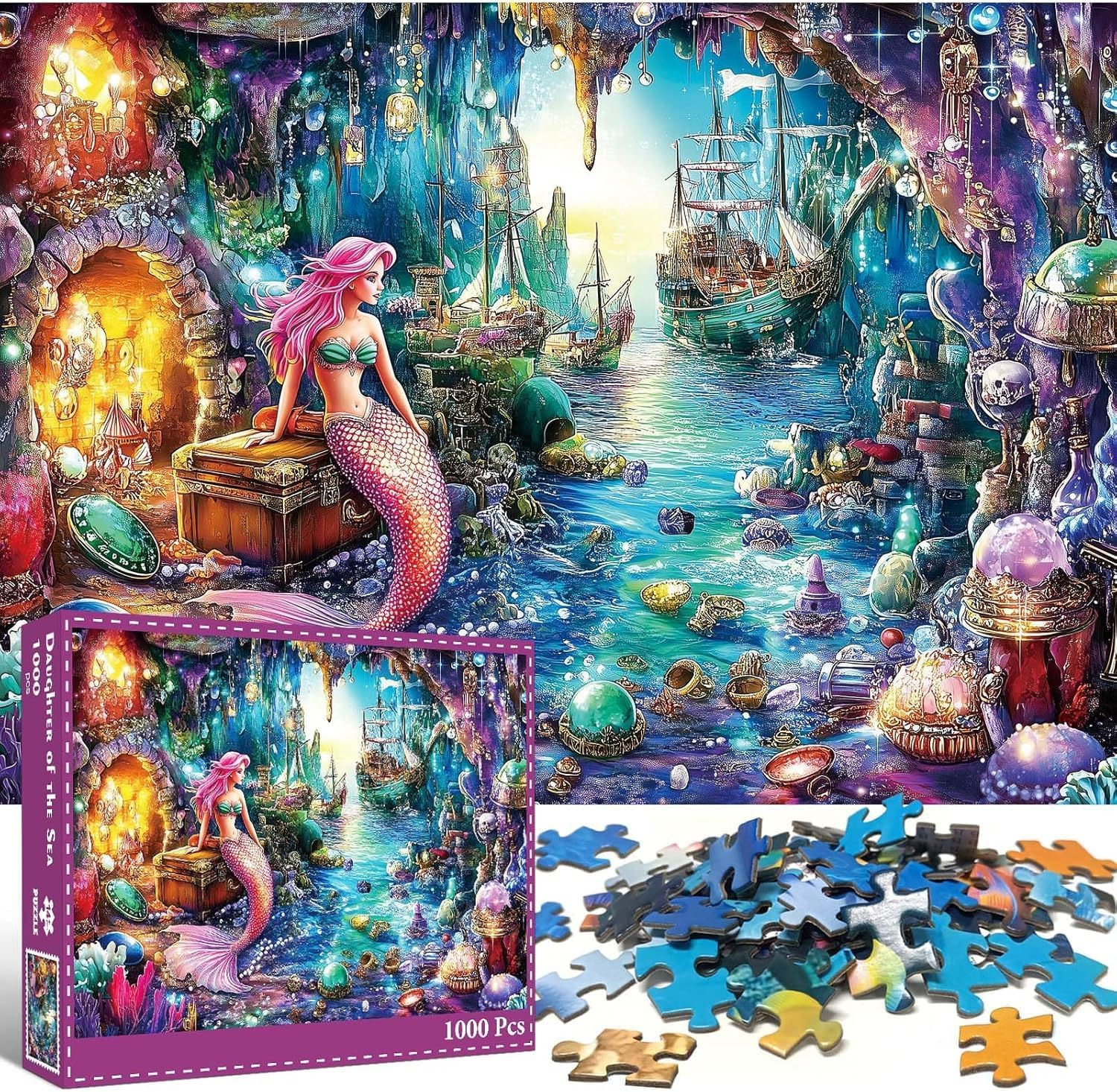 Jigsaw Puzzles for Adults 1000 Pieces, Interlock Perfectly Letter on Back No Dust, Home Decor Birthday Gift Toy for Men Women Elders Seniors, 1:1 Poster - Mermaid under the Sea image number 5