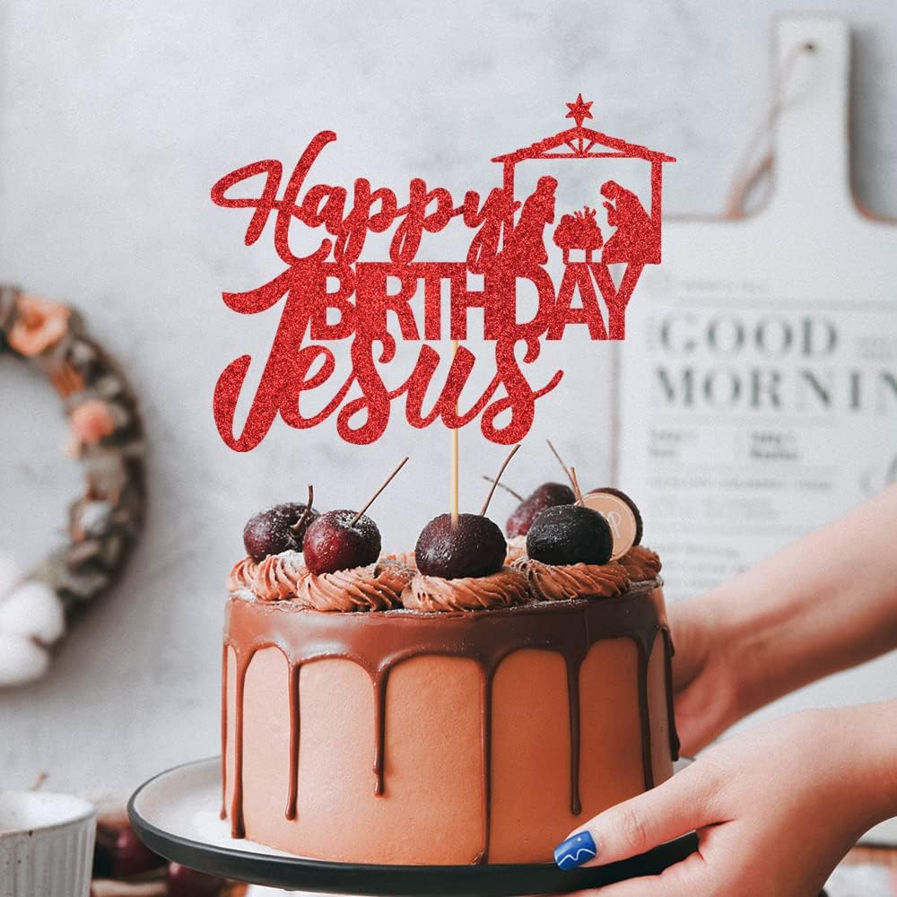 Happy Birthday Jesus Cake Topper Red Glitter Jesus Birthday Cake Decorations Good Friday Cake Decoration Easter Party Decorations Christmas Party Decoration Supplies