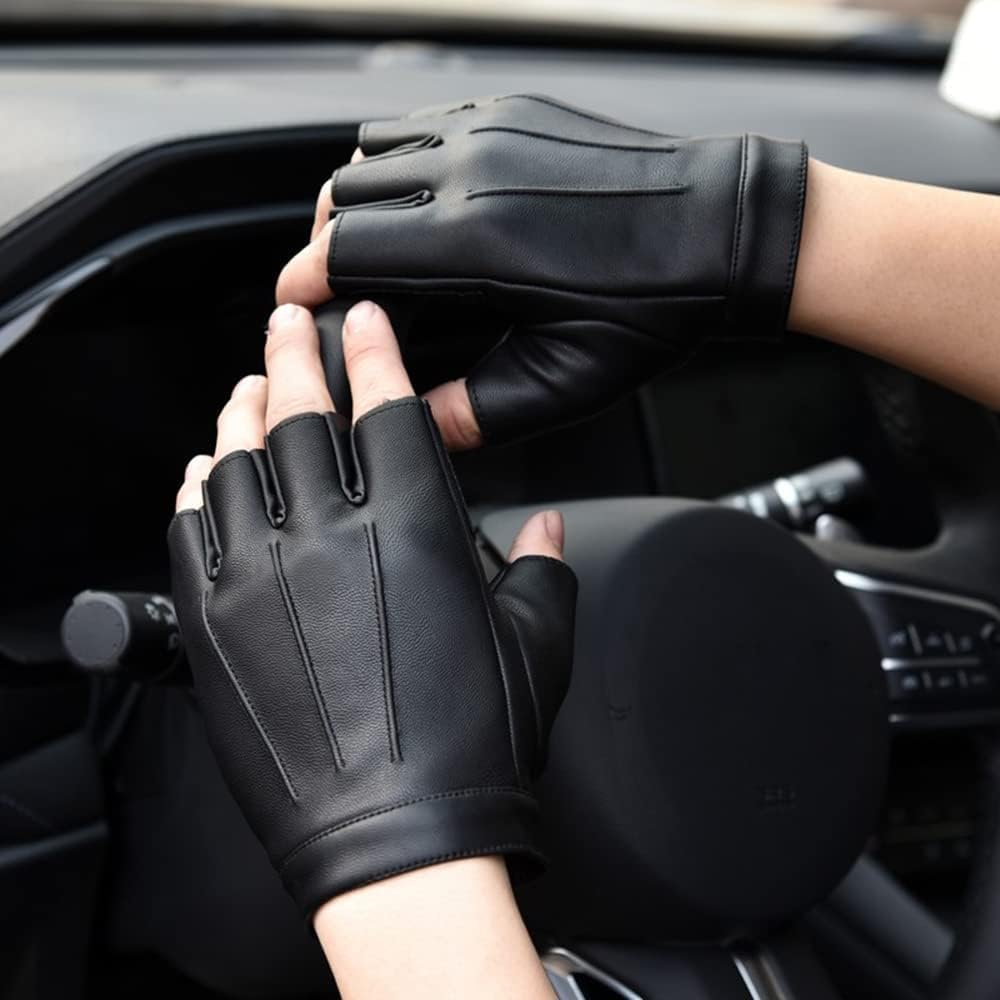 Fingerless Leather Men'S Half Finger Gloves Men'S Leather Non-Slip Motorcycle Driving Gloves - Black image number 3