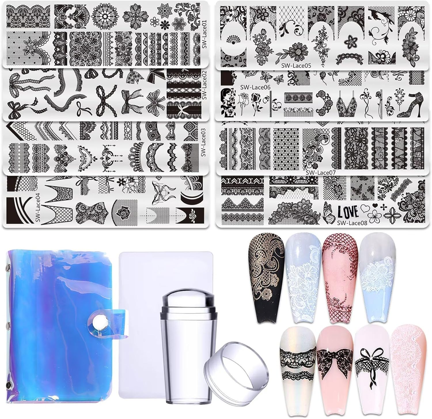 Lace Nail Stamping Plates Set French Tip Silicone Bow Design Nail Stamping Plates Nail Stamping Plates Laser Storage Bag Nail Stencils Supplies image number 2