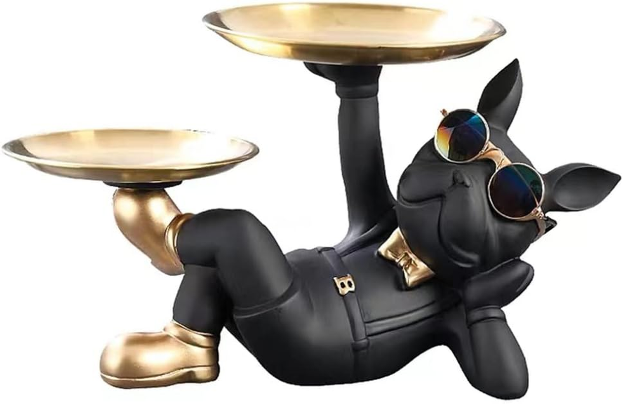 BAOJULONG Cool Resin Dog Statue Black 2 Metal Trays with Cute Glasses French Bulldog Figurine Sculptures Home Decor Gift