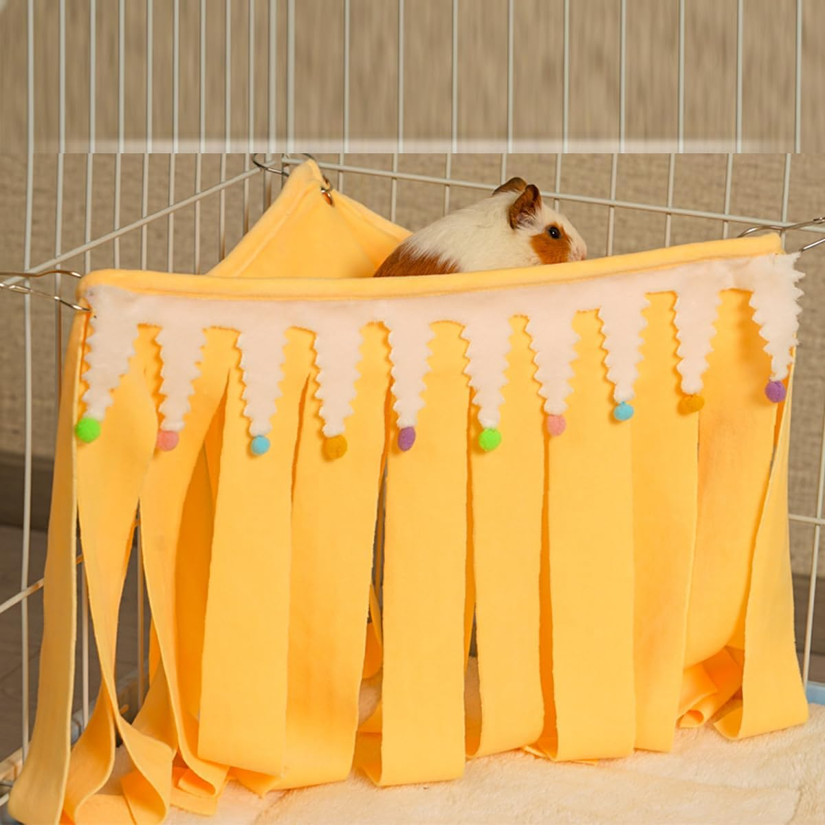AIMALL Triangle Tassel Pet Hammock - Cozy Hanging Shelter for Hamsters, Rabbits, and Guinea Pigs, Yellow, Available in Sizes 9"X11.8" and 9"X15.7" image number 4