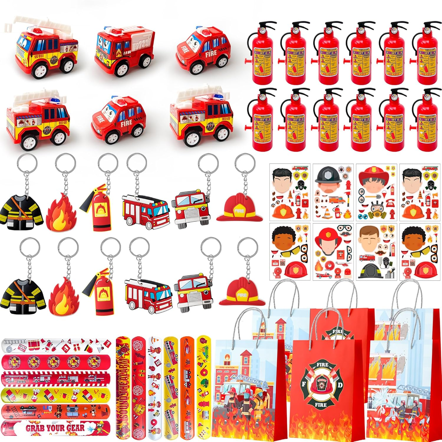 Firefighter Party Favors,72Pcs Fire Truck Party Favors Set- Firefighter Party Stickers Slap Bracelets Keychains Etc Firefighter Themed Party Favors for Firefighter Birthday Party Decorations Supplies image number 1