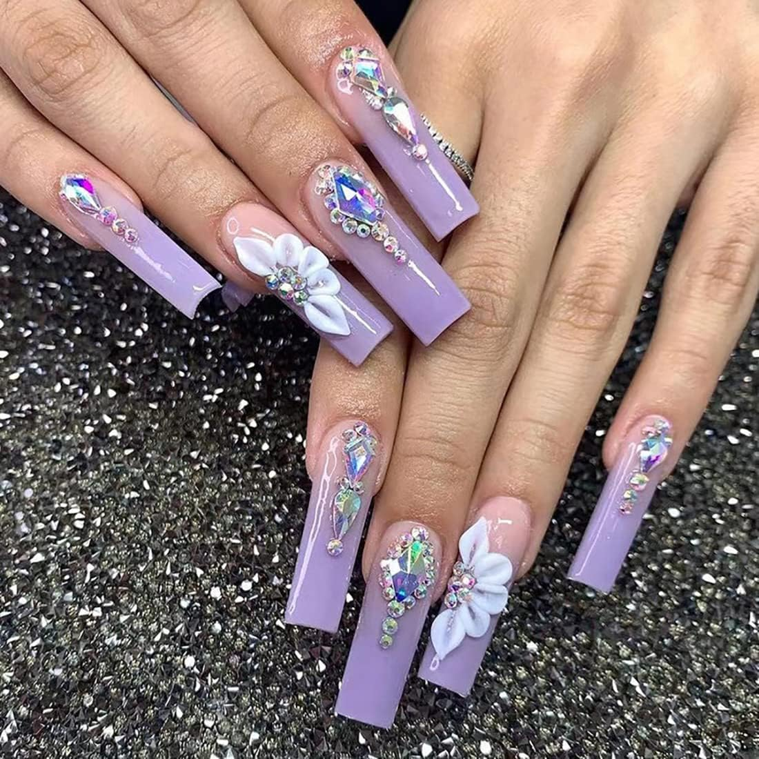 24Pcs Light Purple False Nails Long Coffin Shaped Ballet Fake Nails with Rhinestone Flower Pattern Design French Fake Nails for Women and Girls Nail Tips image number 5