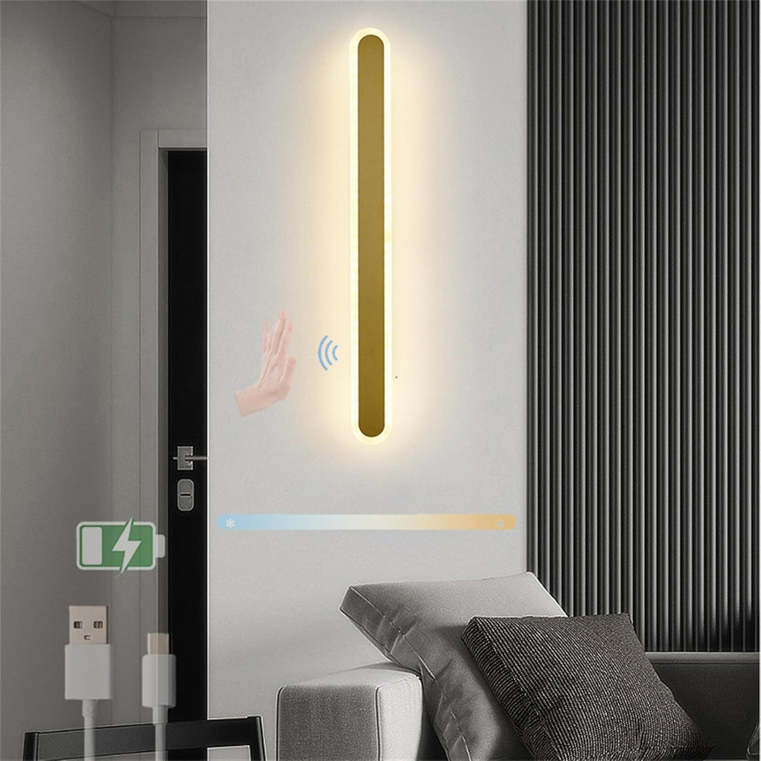 LED Wall Lamp Indoor with Hand Sweep Motion Sensor Wall Sconces Dimmable Tricolor 2700K-6500K Wall Light USB Rechargeable Battery Powered Wall Lighting Modern Iron Acrylic for Bedroom (White,40Cm)