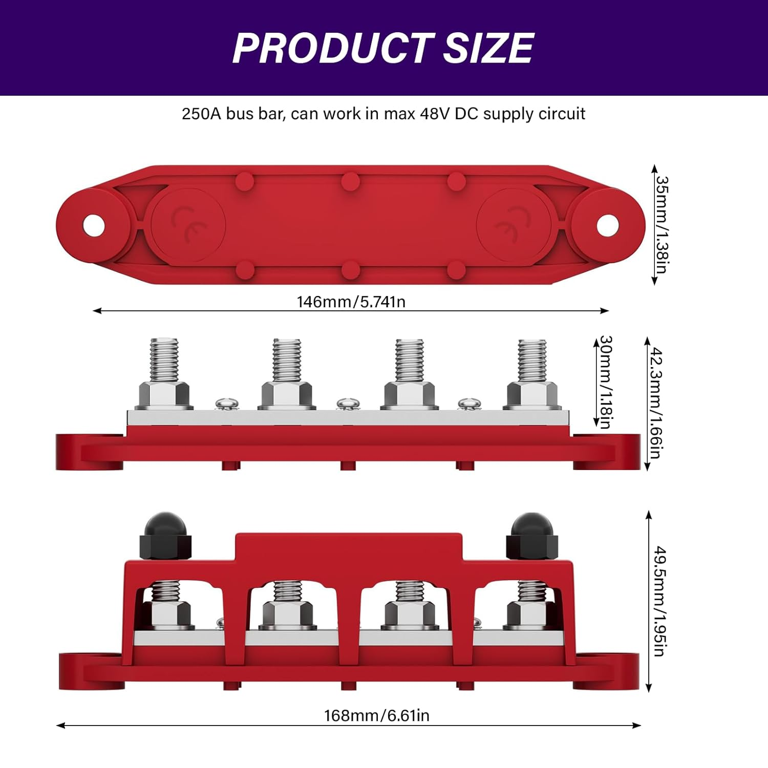 MAEZOE 12V 250A Bus Bar Power Distribution Block with Cover, 4 X 5/16" Studs 12 Volt Battery Busbar Terminal Block for Automotive Marine image number 5