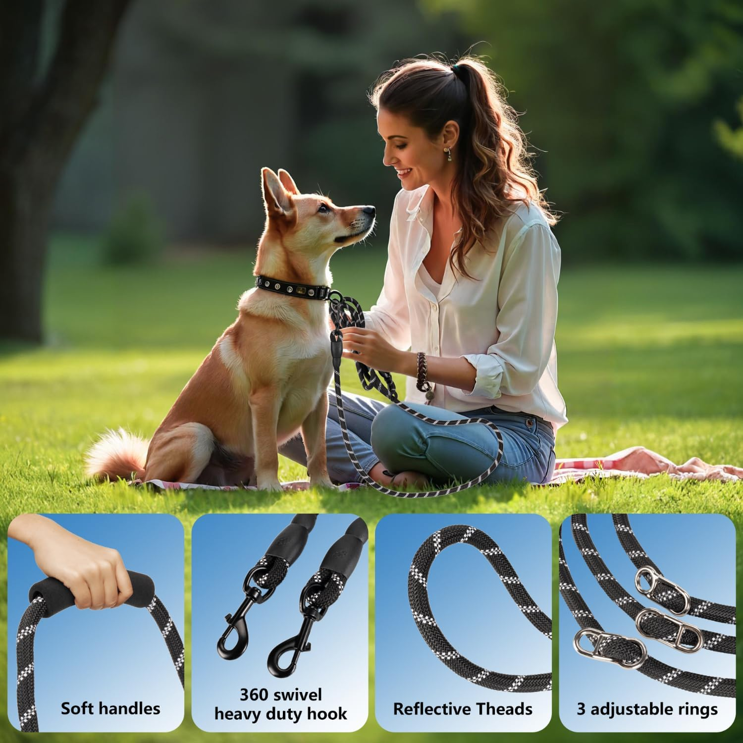 Double Dog Lead for Large Dogs, Nylon, round and Bite-Proof with 2 Carabiners, 3.4 M (Length) X 14 Mm, Black image number 1