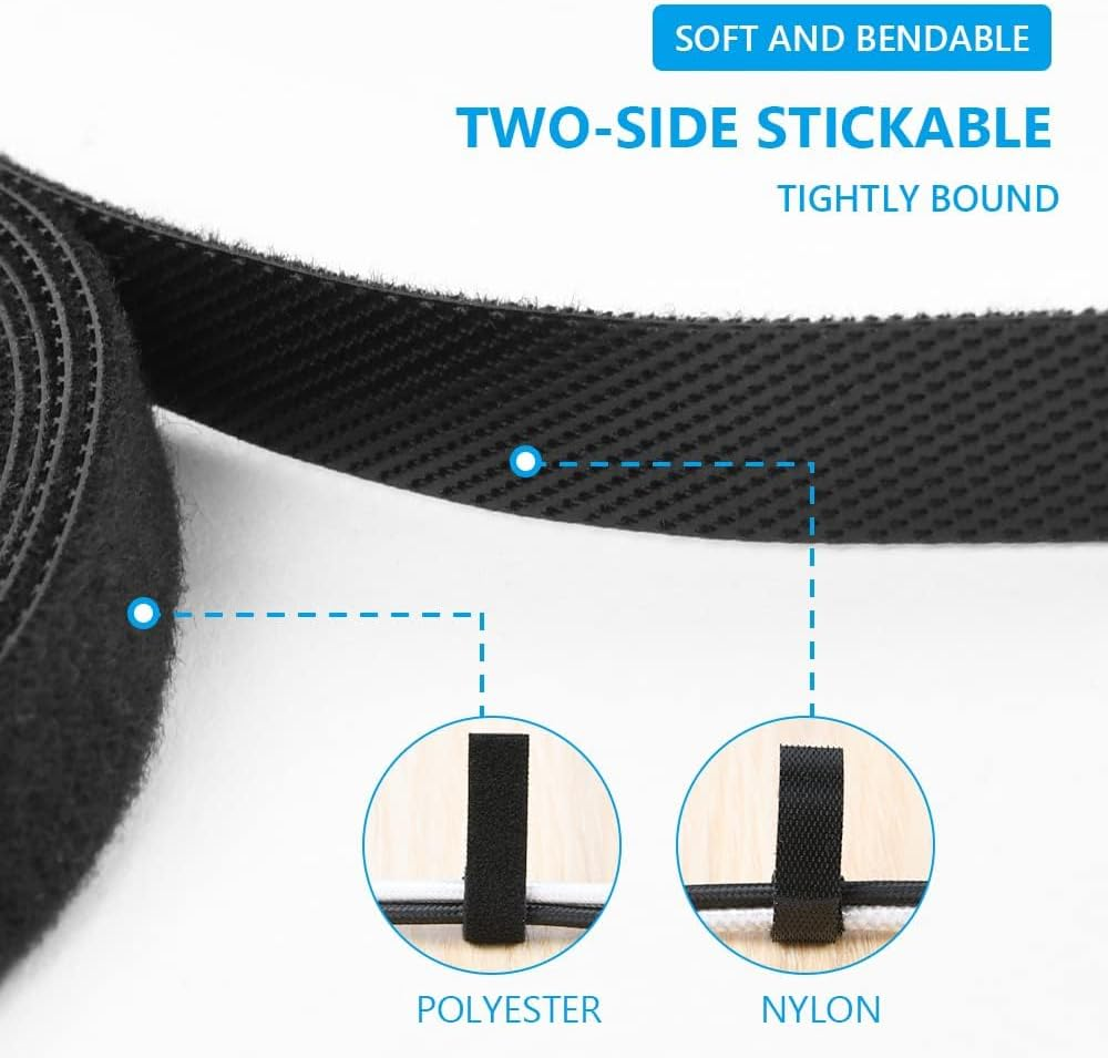 URAQT Fastening Tape Hook and Loop Cable Ties, 10Mm X 5M Reusable Self Adhesive Cable Ties Straps for Cable Management, Cord Organizer Straps, Black (5M)