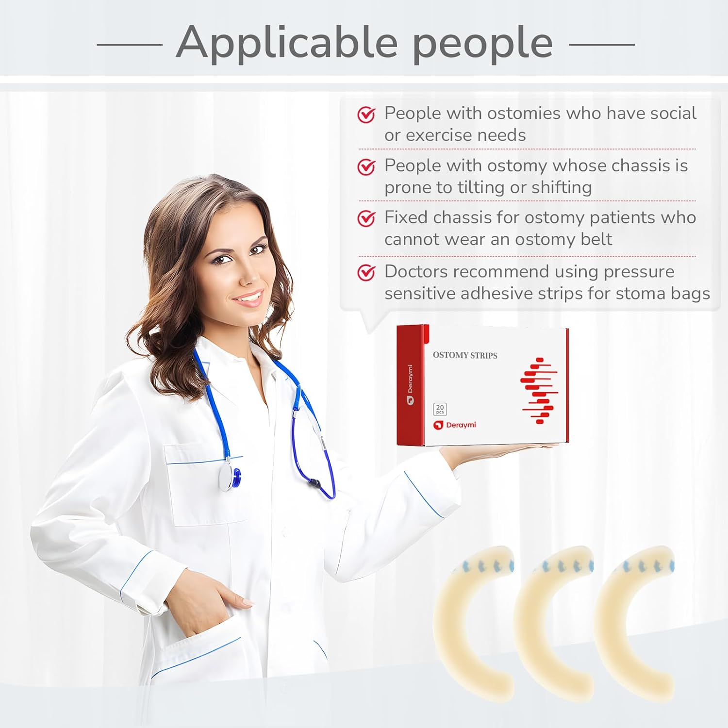 DERAYMI 20 PCS Ostomy Barrier Strips, 2 MM Thickness Elastic Colostomy Tape to Stop Leaks, Latex-Free Medical Grade Hydrocolloid Skin Flange Extenders Stoma for Colostomy Ileostomy Bags Pouches image number 6