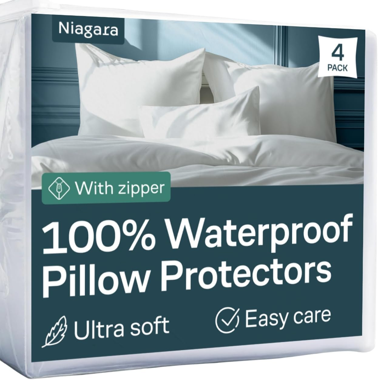 4 Pack Waterproof Pillow Protectors Standard 20X26 Inches Smooth Zipper Premium Encasement Covers Quiet Cases Set White 100% Liquid Protection image number 6