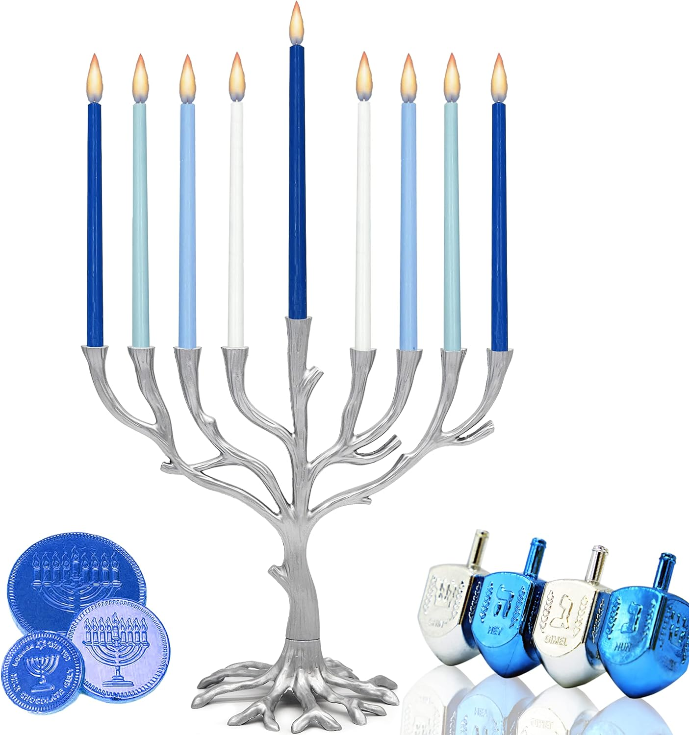The Dreidel Company Deluxe Tapered Pastel Blue and White Hanukkah Menorah Candles for All 8 Nights of Chanukah - Muted Rainbow image number 5