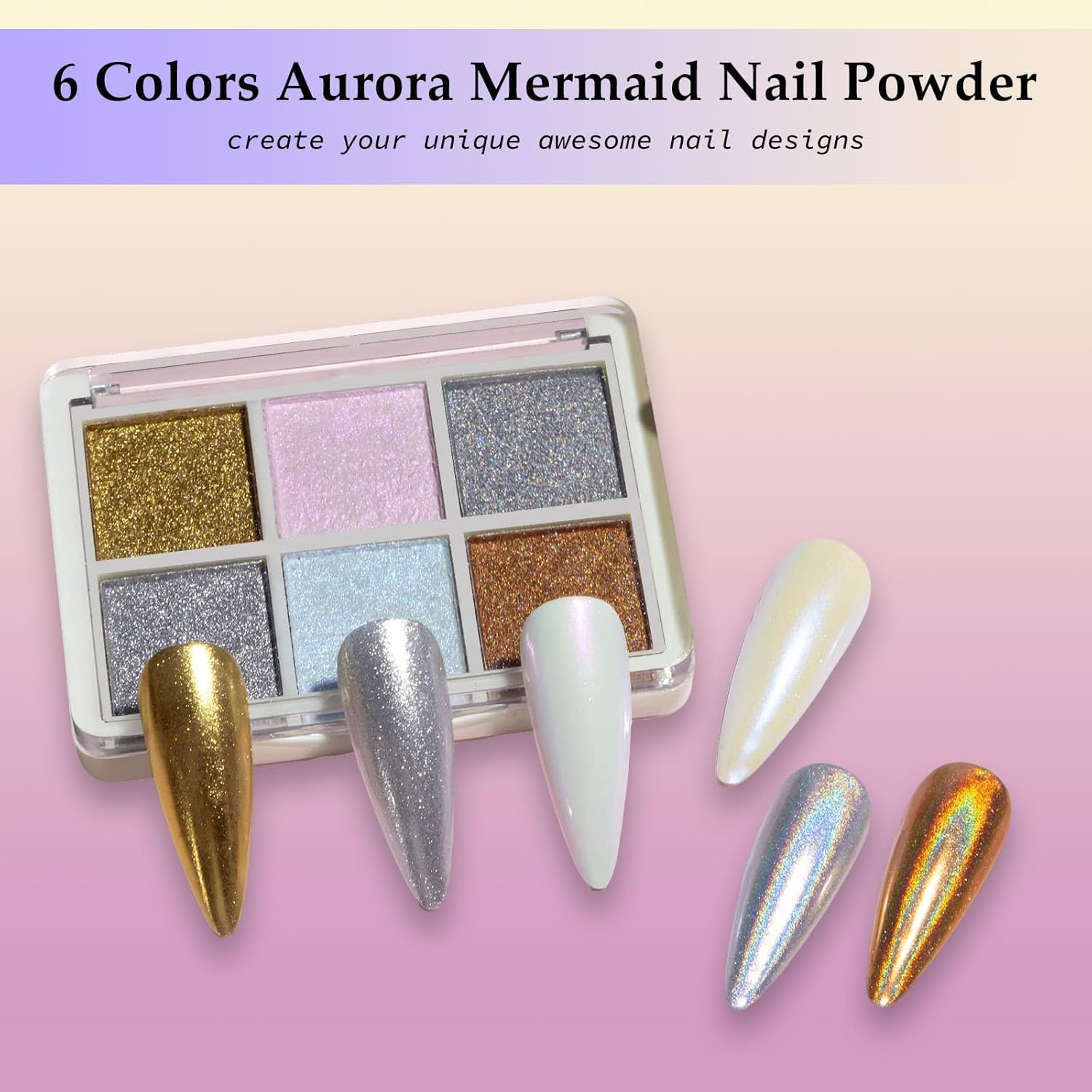 Lyvixora Chrome Nail Powder &ndash; Gold & Silver Iridescent Pearl Chrome Powder, Holographic Mermaid Glitter Pigment for Nails, Aurora Mirror Effect, 6 in 1 Set image number 2