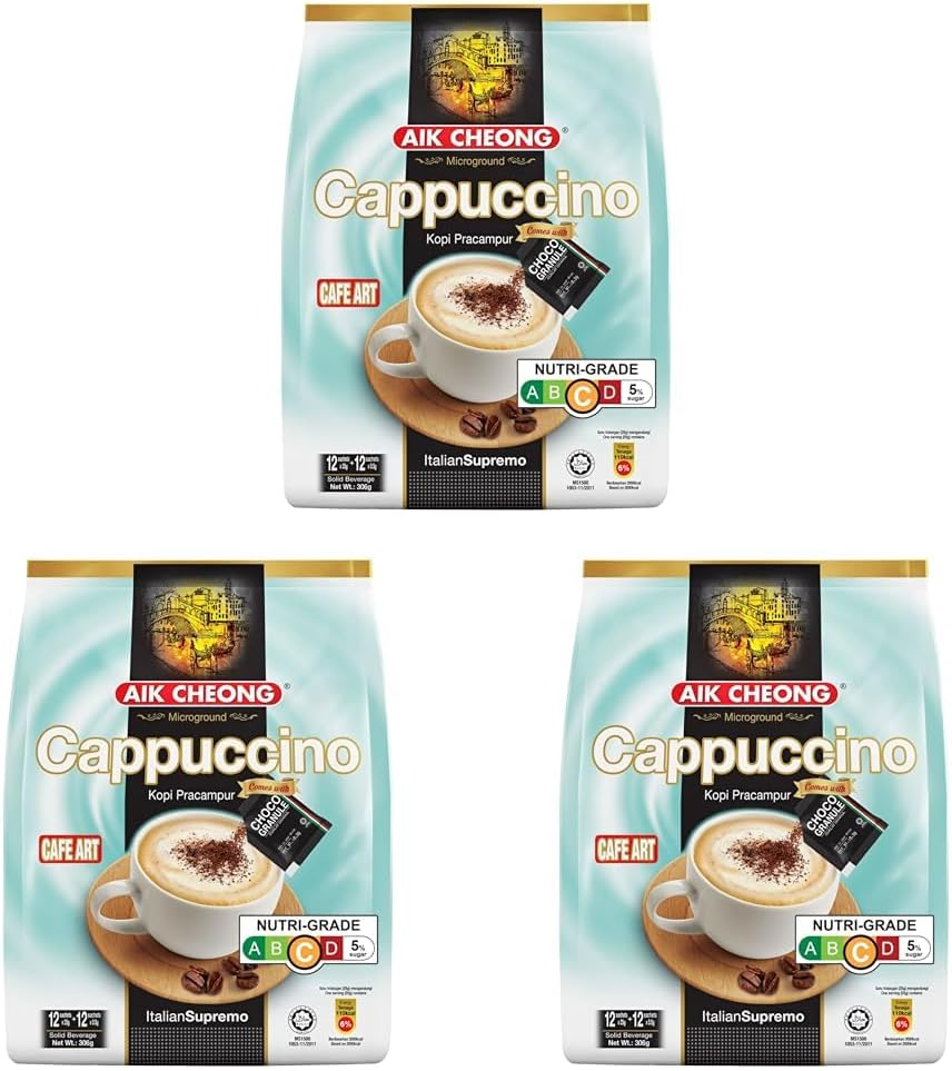 Aik Cheong Cappuccino | Italian Style Instant Coffee with Creamy Foam | Premium Quality Instant Coffee Sachets | Quick and Easy to Prepare | 25 G X 12 Sachets (306 G)