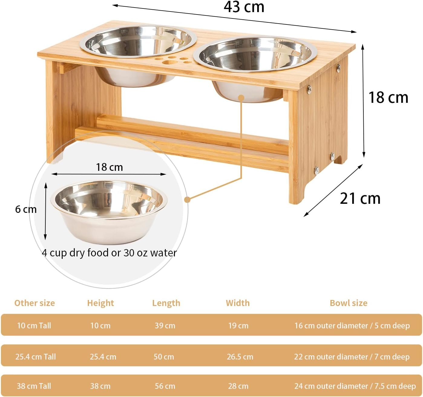 FOREYY Raised Dog Bowls for Cats and Dogs - Bamboo Elevated Dog Cat Food and Water Bowls Stands Feeder Dishes with 2 Stainless Steel Bowls and anti Slip Feet (Medium - 18 Cm High) image number 4