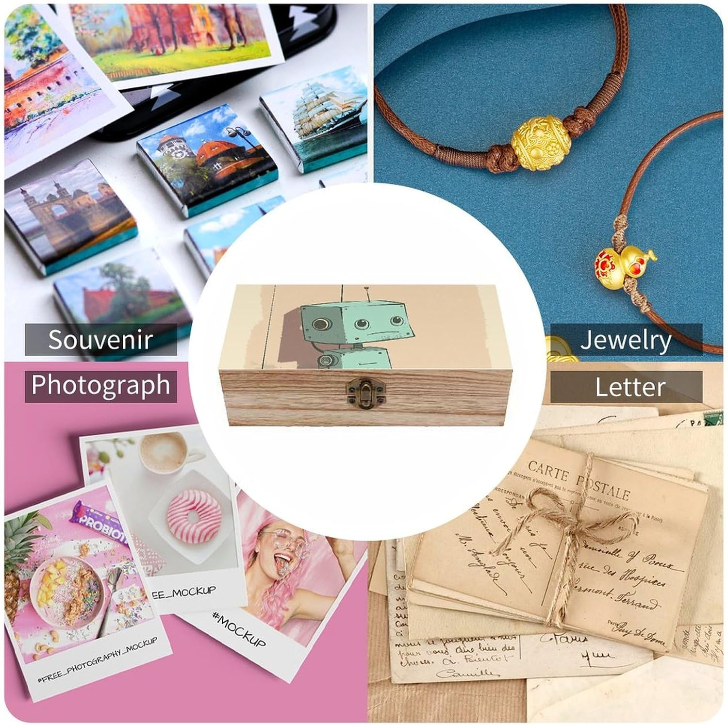 Robot in the Corner Wooden Box Wood Wedding Keepsake Boxes with Lids Small Decorative Boxes Lightweight Wooden Memory Storage Box for Crafts Keepsakes Jewelry Photo Letter Storage
