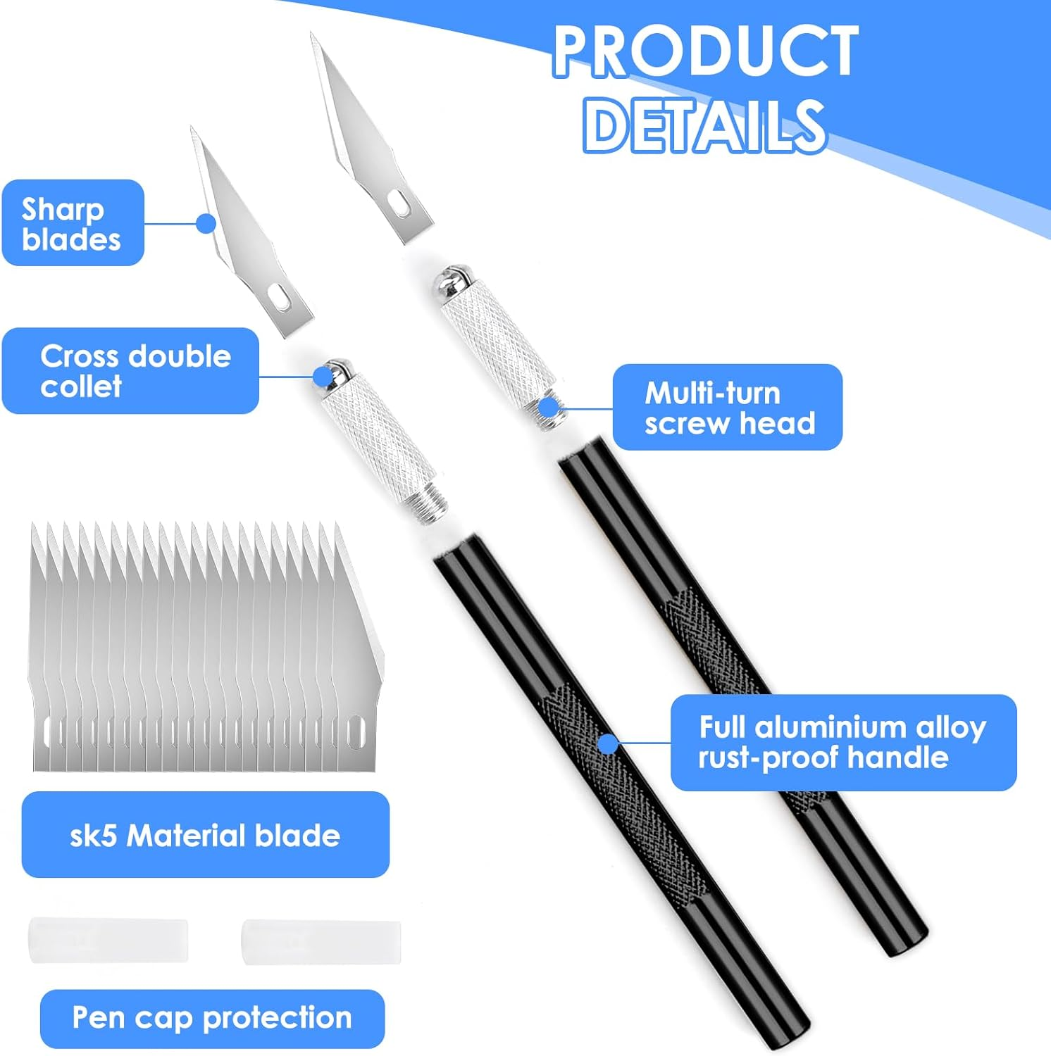 2 Pack Precision Craft Knife Set with 20 Blades, Professional Hobby Knife for Paper, Leather, Fondant & Model Making, Aluminum Alloy Art Knife for Detailed Cutting, Engraving & Scrapbooking image number 5
