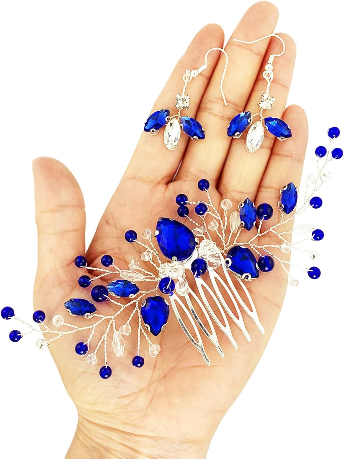 Bridal Crystal Hair Comb and Earrings Set Elegant Bride Wedding Hair Piece Accessories for Women Prom Party Photography (Royal Blue) image number 6