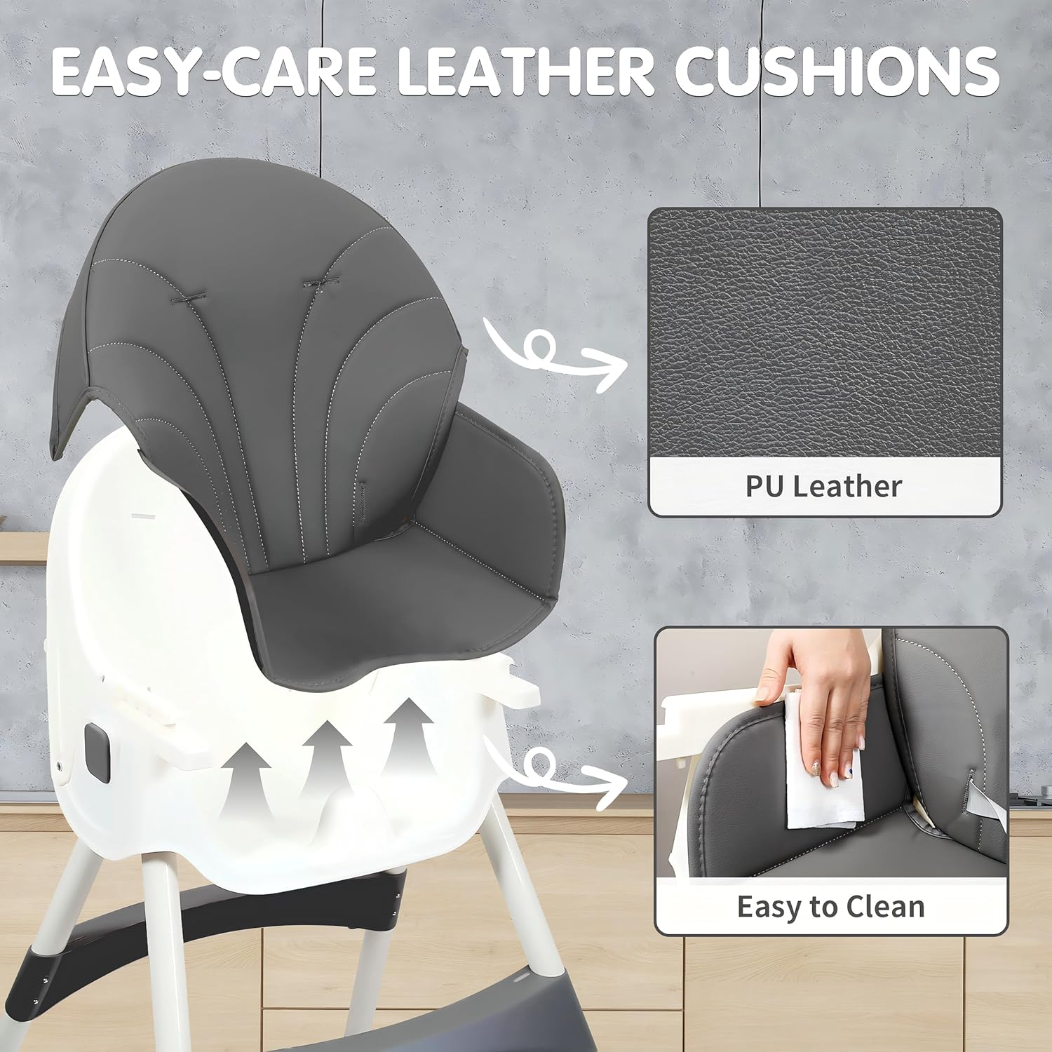 Baby High Chair, 6 in 1 Convertible High Chairs for Babies and Toddlers with 5-Point Safety Harness, Foldable High Chair for Space-Saving, Adjustable Dining Tray, Backrest & Height, Easy to Clean Surface image number 6