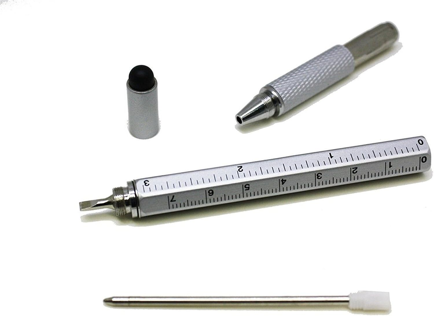 6 in 1 Tech Tool Pen with Ruler, Ballpoint Pen, Levelgauge, Stylus and 2 Screwdriver, Sturdy Aluminum Multifunction Tools Pen for Smartphones and Tablets (Silver)